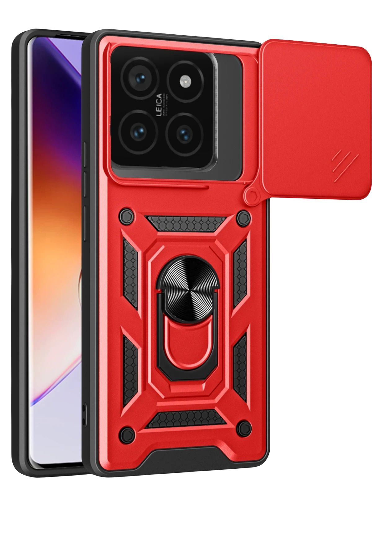 NewFace Xiaomi Mi 14T Pro Kılıf Pars Lens Yüzüklü Silikon - Kırmızı FERRG