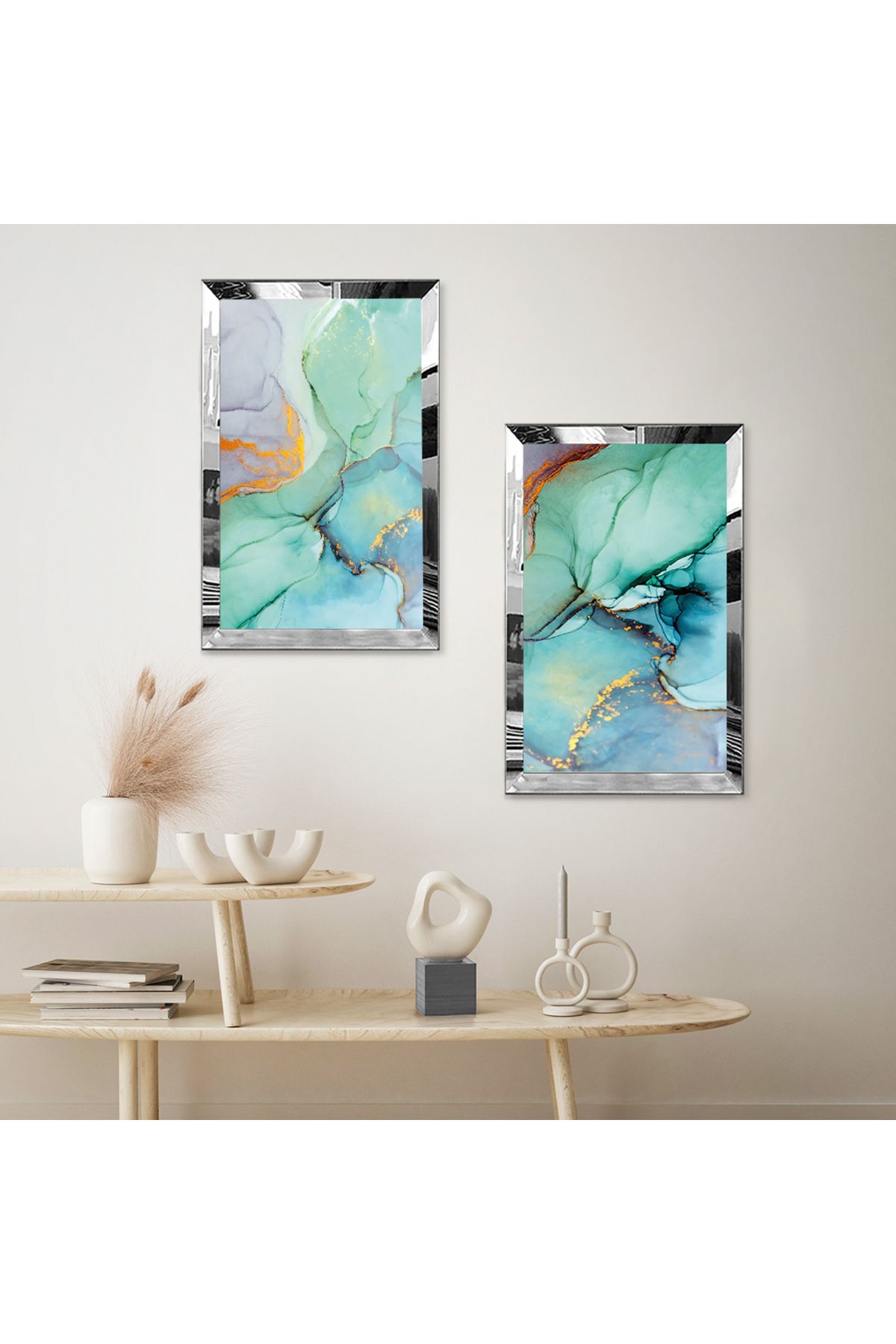 Zevahir Mobilya Dekorasyon-Silver Mirrored Plexi Frame with White Background Water Green Abstract Waves Double Mdf Table Set 2