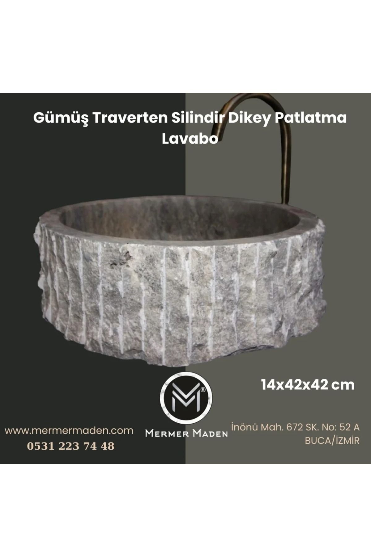 MermerMaden Gümüş Traverten Dikey Patlatmalı Silindir Lavabo