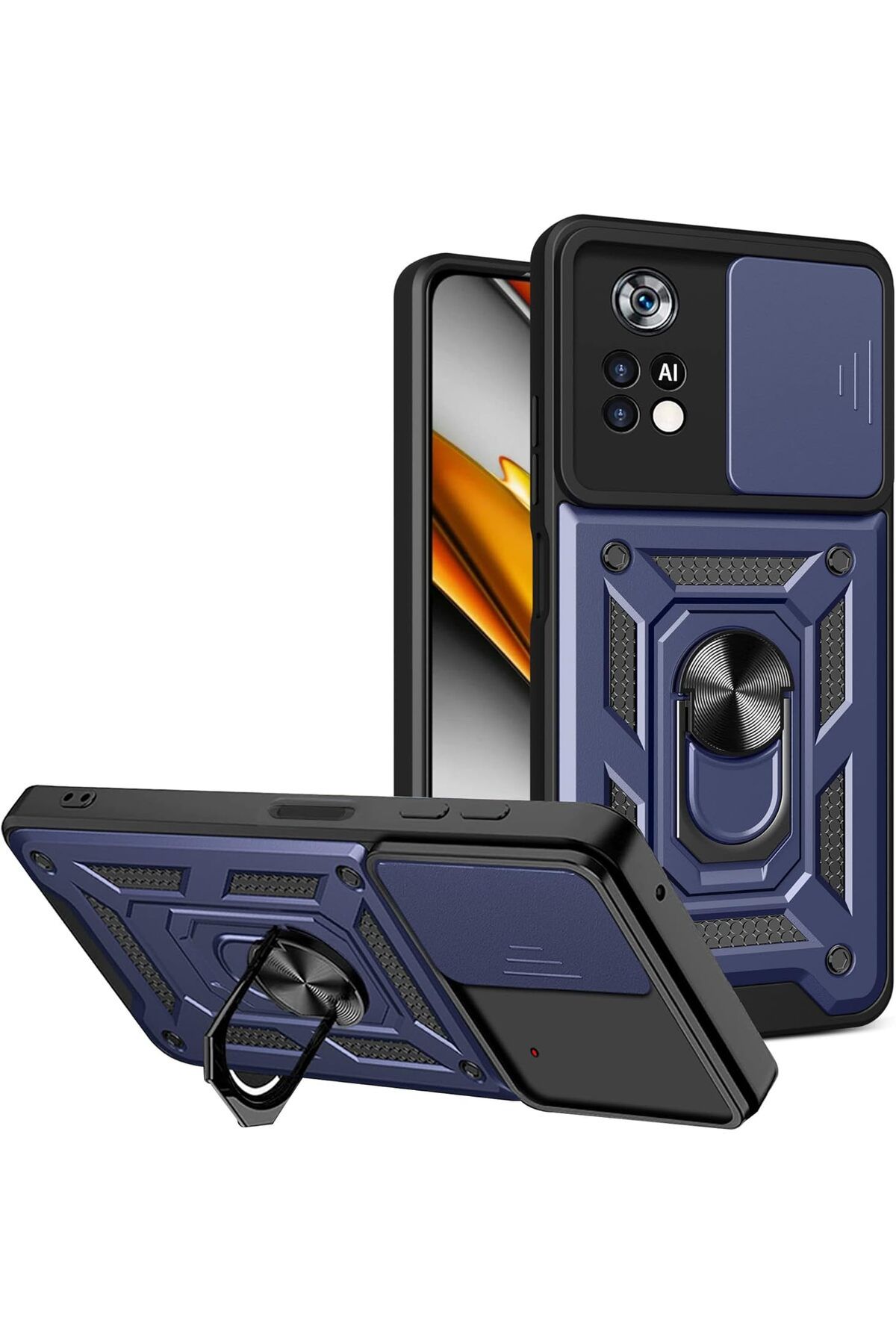 Rivor Xiaomi Poco M4 Pro 5G Kılıf Kamera Sürgülü Standlı Yüzüklü Darbe Emici Zırh Koruyucu Tank Kapak