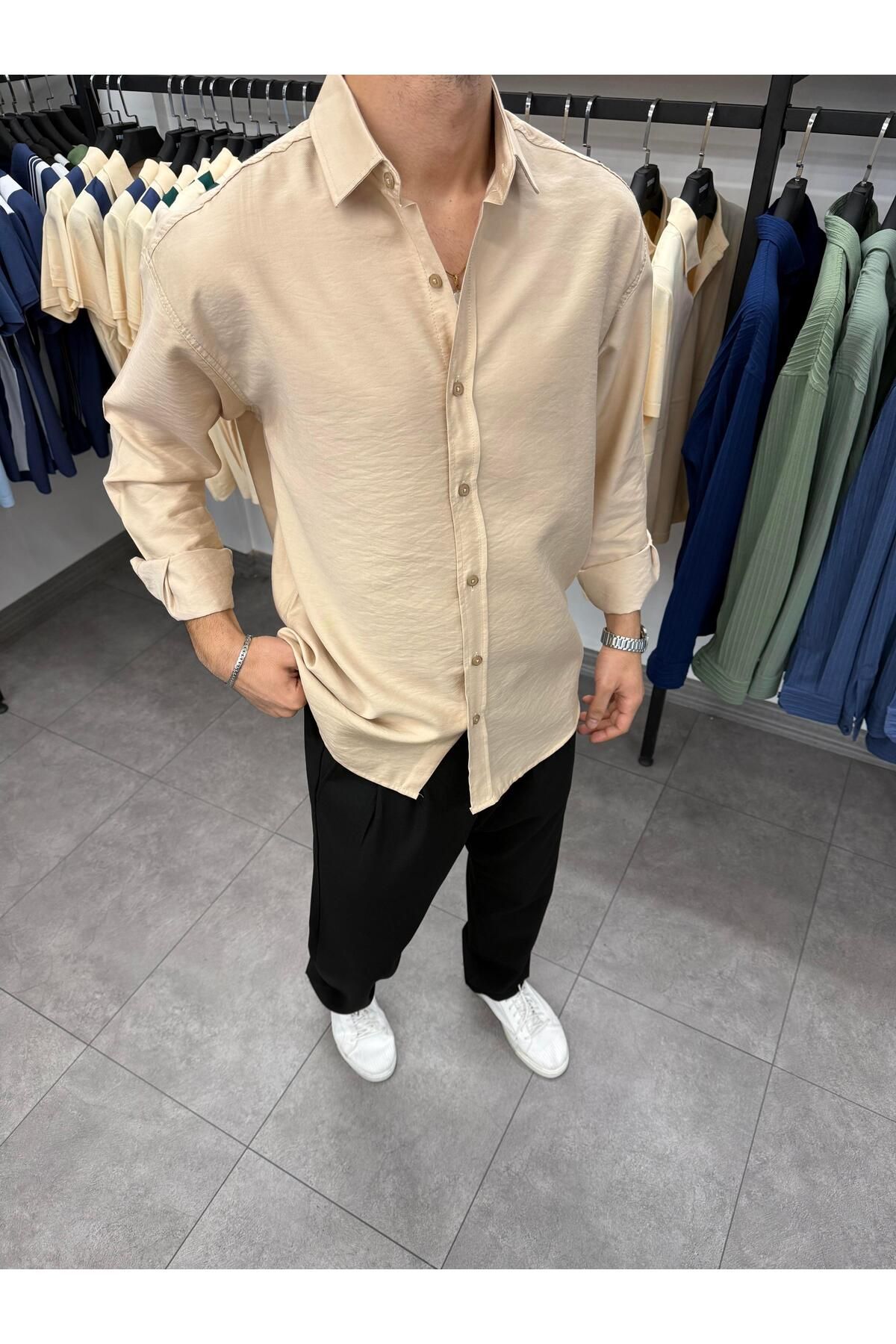 Butik Modal Keten %95 Pamuk Gömlek Bej