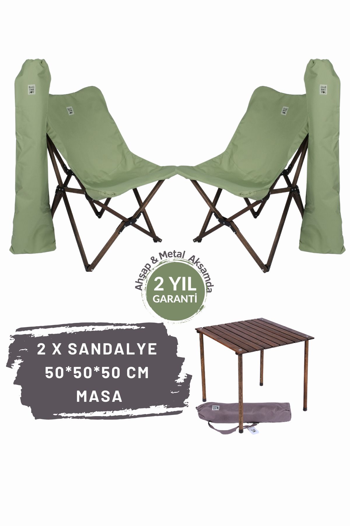 Bag The Joy Ahşap Katlanır Masa Sandalye Seti Antrasit Iskelet Su Yeşili Kılıf -50x50x50 Antrasit Masa