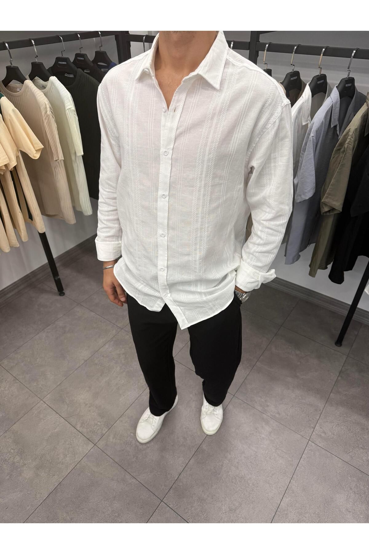 Butik Örgü Detaylı Oversize Keten Gömlek Beyaz
