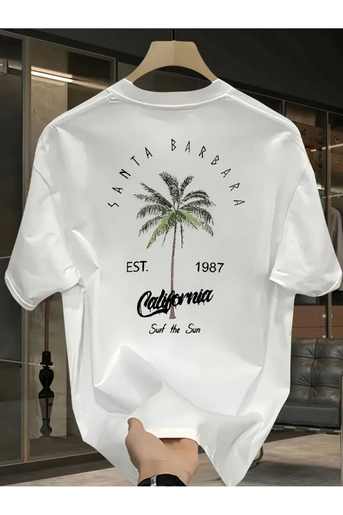 LAND MODA Erkekler İçin %100 Pamuklu Ağır Kalın Vintage California Desenli Tişört - Santa Barbara Palmiye Ağac