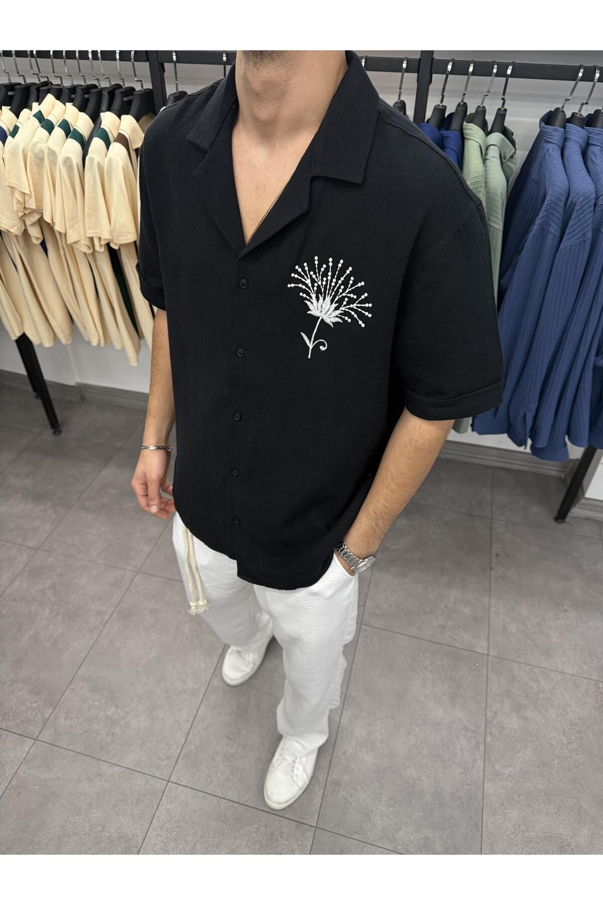 Butik Nakış İşlemeli Kısa Kol Oversize Gömlek Siyah