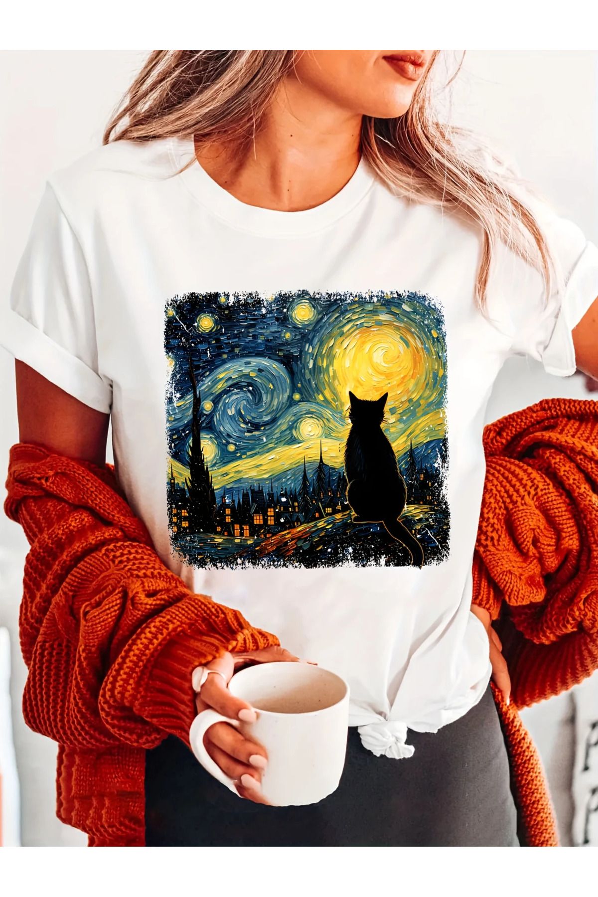 LAND MODA Kadınlar için Van Gogh Yıldızlı Gece Kedi Sanat Baskılı Tişört - Siyah Kısa Kollu Yuvarlak Yaka