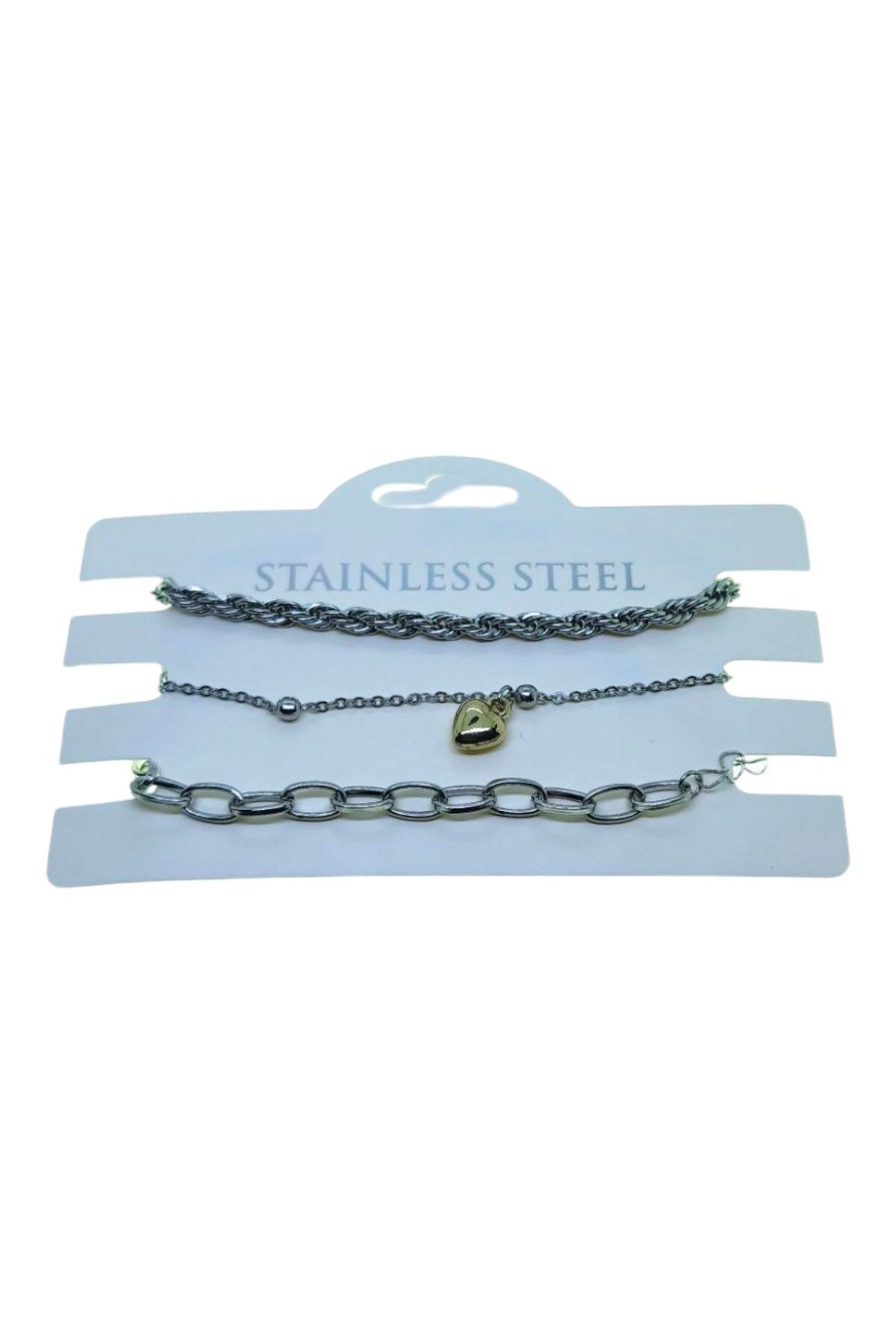 X-Lady Accessories Gümüş Renk Burgu Top Kalp Dd Zincir Kombin Çelik Bileklik - 3324