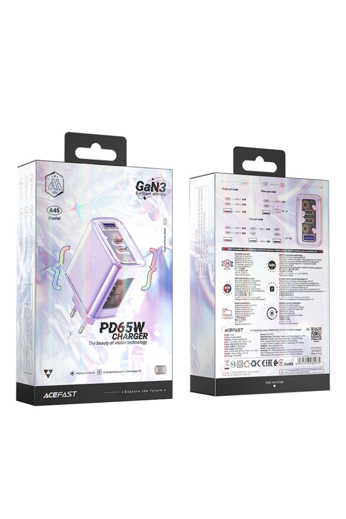 Acefast-Încărcător de perete, încărcare rapidă, AcesFast, 2x Tip-C, USB, GaN, încărcare rapidă PD65W, A45, violet 7