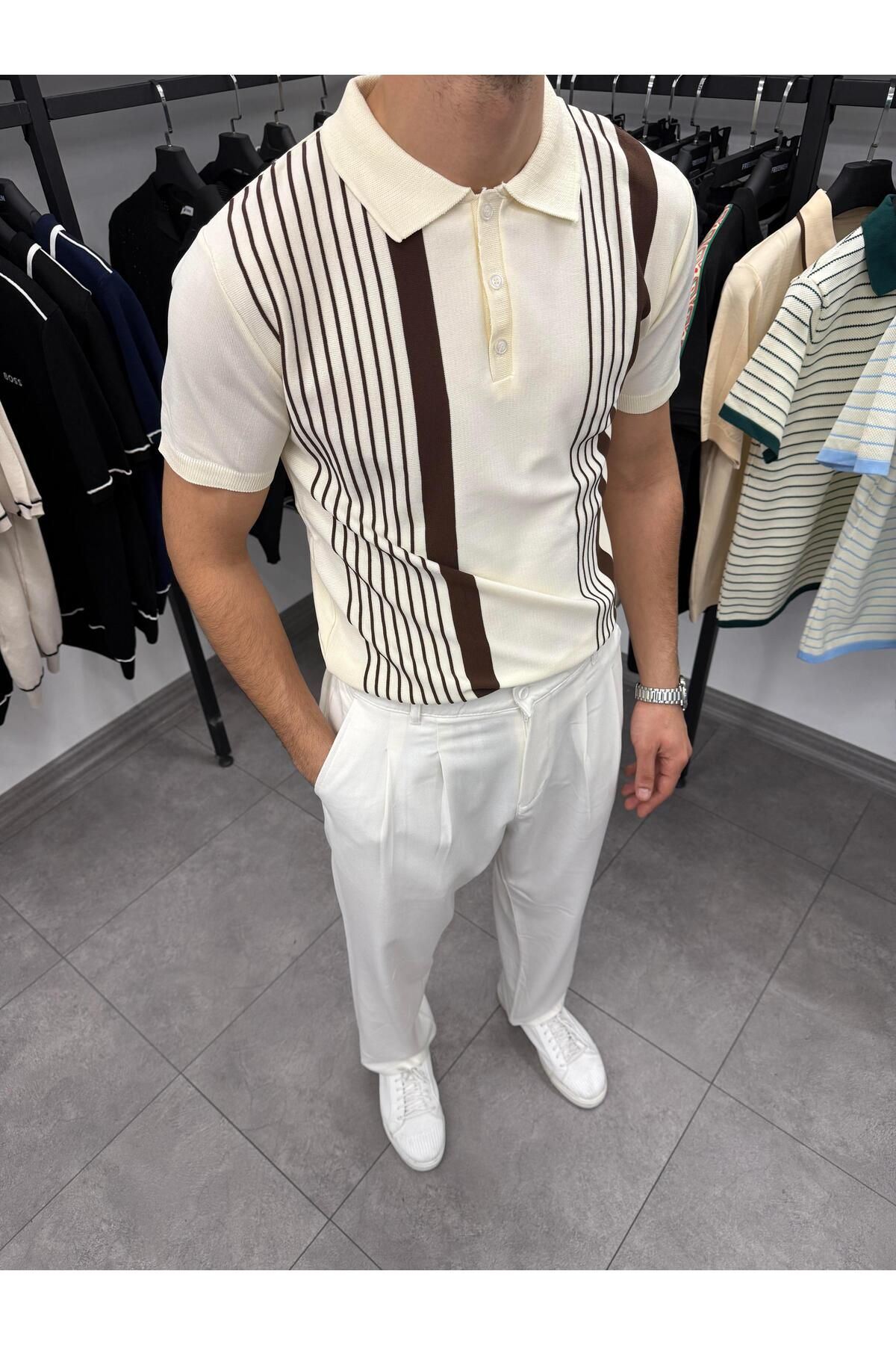 Butik Asimetrik Desen Polo Yaka Triko Bej