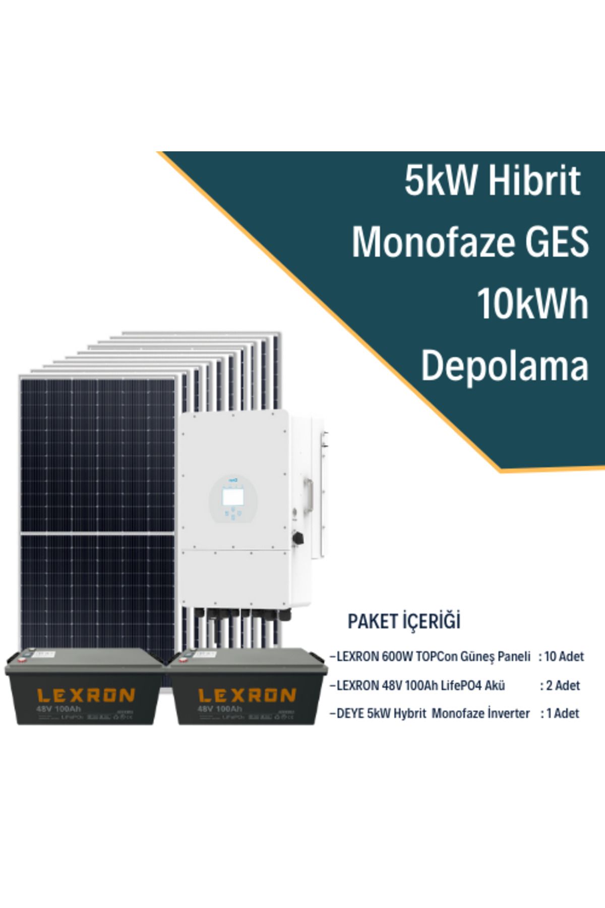 Fabri Solar Güneş Enerjisi Hibrit Solar Paket 5Kw Monofaze İnverter + 10X 600W Güneş Paneli + 2X 48V 100Ah Lityu