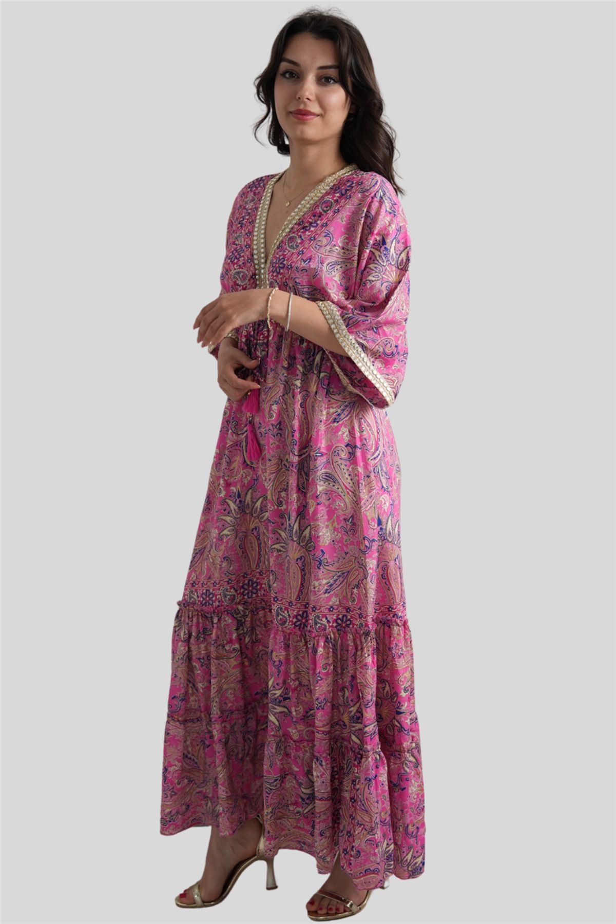 Miss Boheme Pembe Ön Arka V Yaka Pul Detaylı İpek Elbise