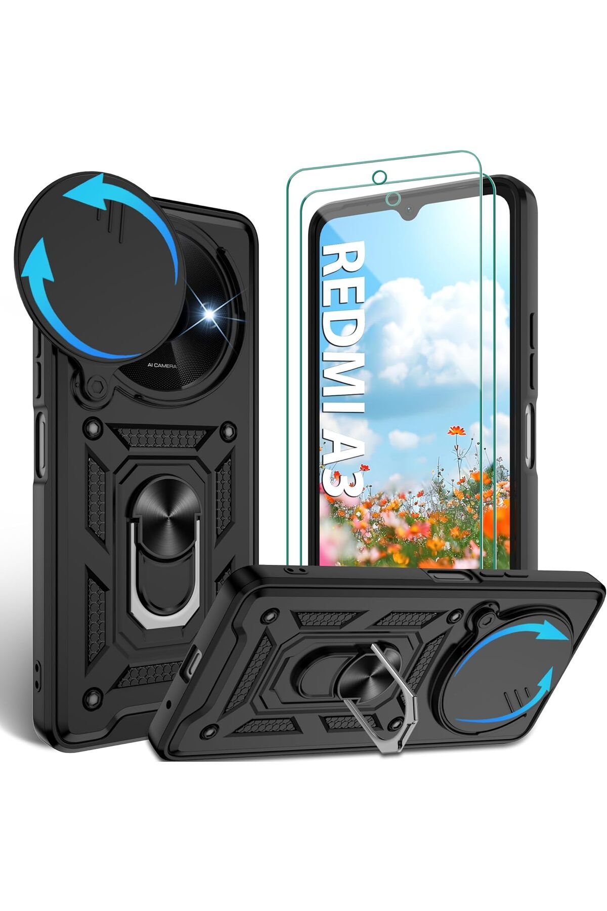 Rivor Xiaomi Redmi A3 4G & Poco C61 Kılıf Kamera Sürgülü Standlı Yüzüklü Darbe Emici Koruyucu Tank Kapak