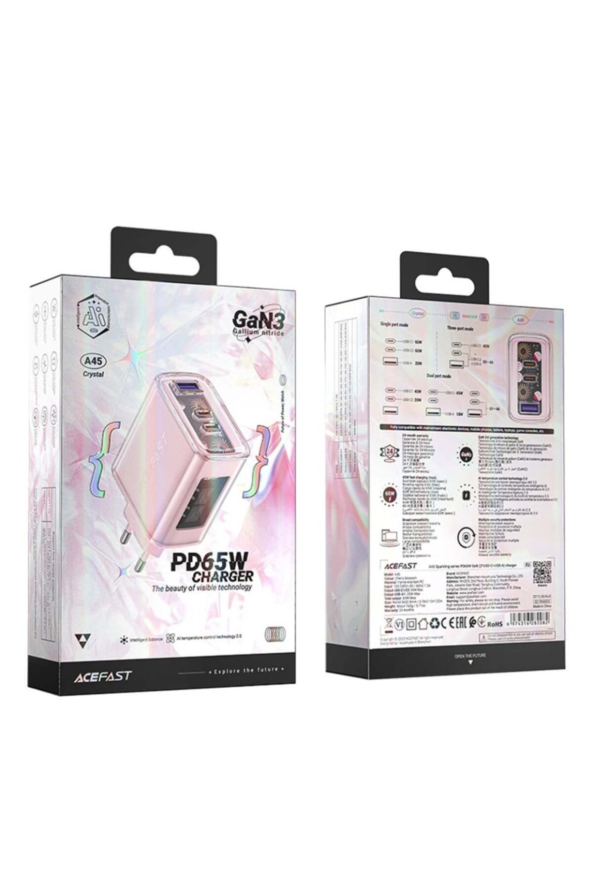 Acefast-Încărcător de perete, încărcare rapidă, AcesFast, 2x Tip-C, USB, GaN, încărcare rapidă PD65W, A45, roz 7