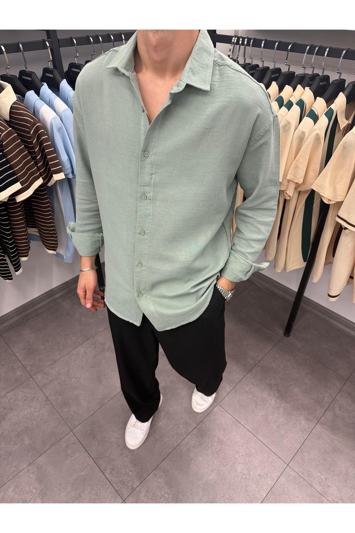 Butik Müslin Kumaş Oversize Gömlek Mint Yeşili