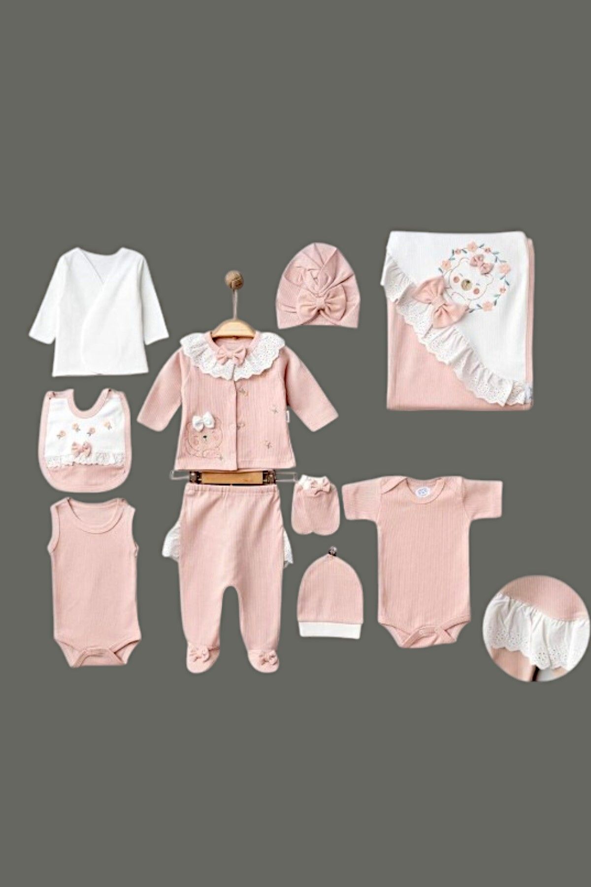 Zıpır Luvvera 10 Parça Kız Bebek Hastane Çıkış Seti – Fiyonklu ve Dantel Detaylı, Pembe