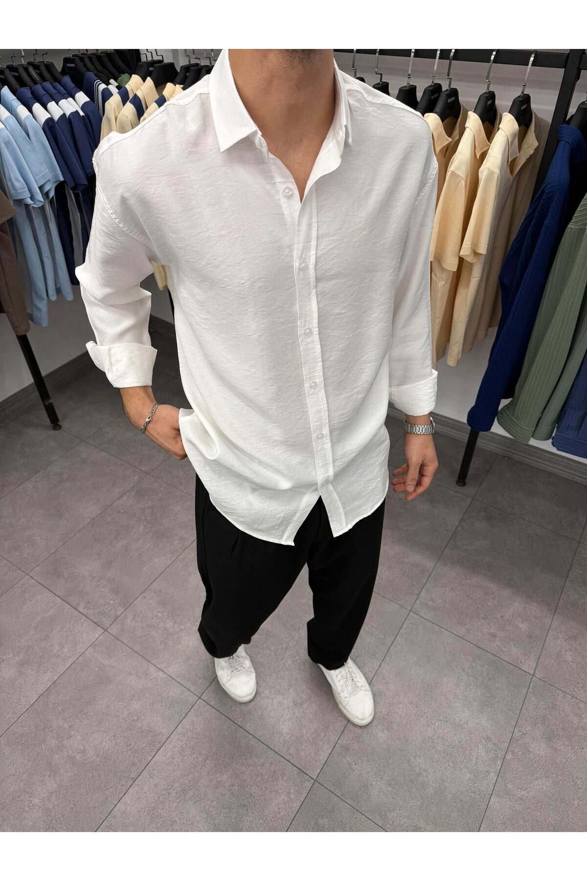 Butik Modal Keten %95 Pamuk Gömlek Beyaz