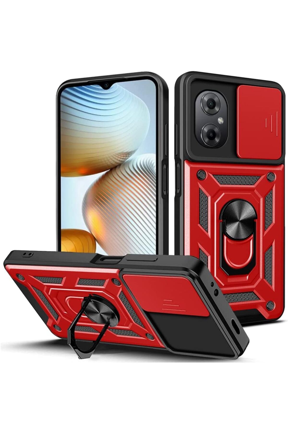 Rivor Xiaomi Poco M5 Uyumlu Kılıf Kamera Sürgülü Standlı Yüzüklü Darbe Emici Zırh Koruyucu Tank Kapak