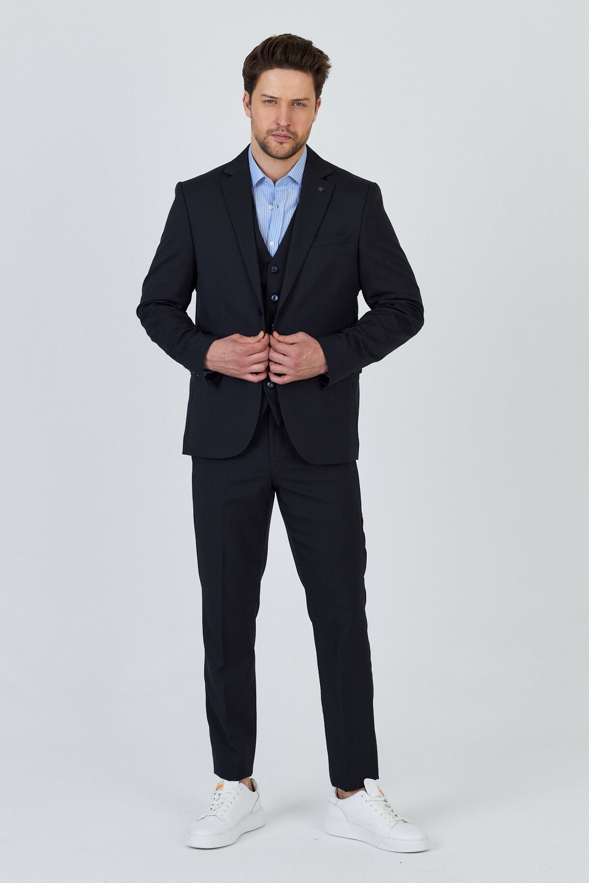 Frappoli Celiato Erkek Koyu Lacivert Poliviskon Kumaşlı Ceket+Pantolon+Yelekli Slim Fit Takim Elbise