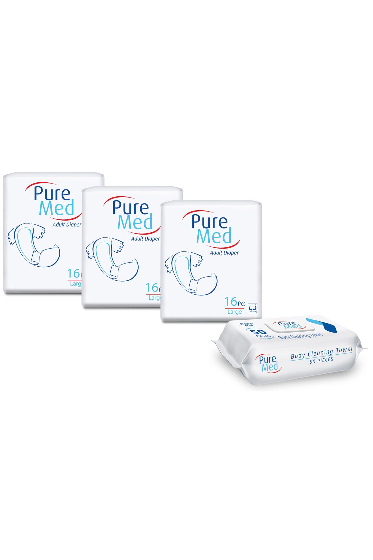 Pure Set 3x Pure Med Eco L Scutece Adult, 48 Buc + 1x Șervețele Umede Igienice Pure Med, 50 Buc - One Size