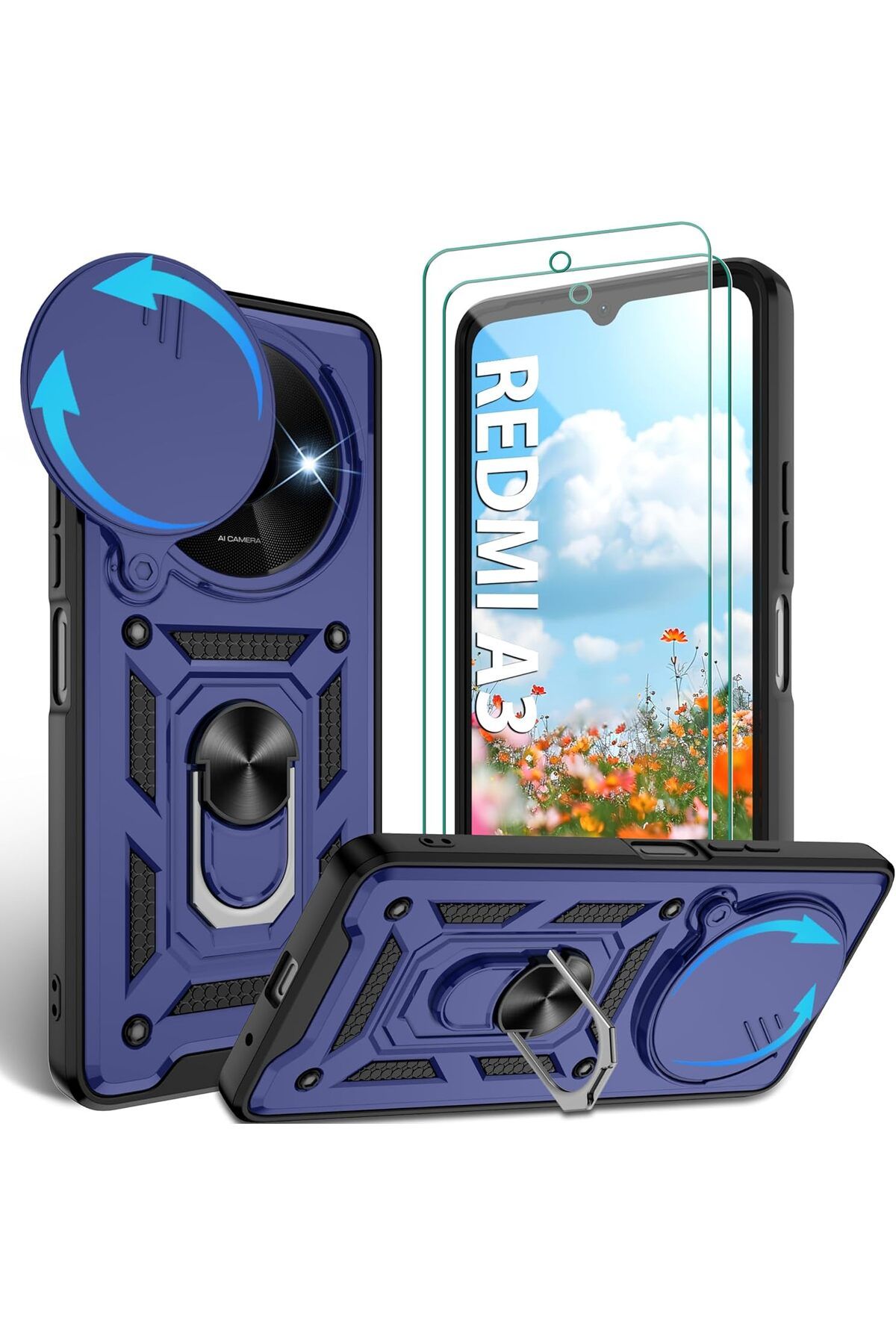 Rivor Xiaomi Redmi A3 4G & Poco C61 Kılıf Kamera Sürgülü Standlı Yüzüklü Darbe Emici Koruyucu Tank Kapak
