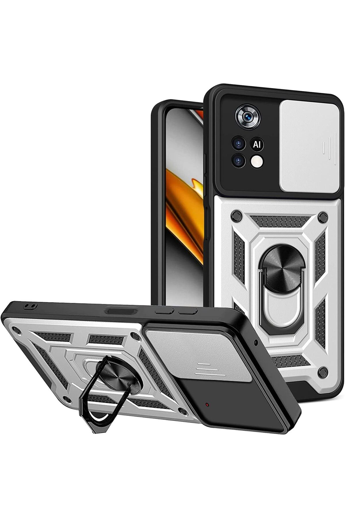 Rivor Xiaomi Poco M4 Pro 4G Kılıf Kamera Sürgülü Standlı Yüzüklü Darbe Emici Zırh Koruyucu Tank Kapak