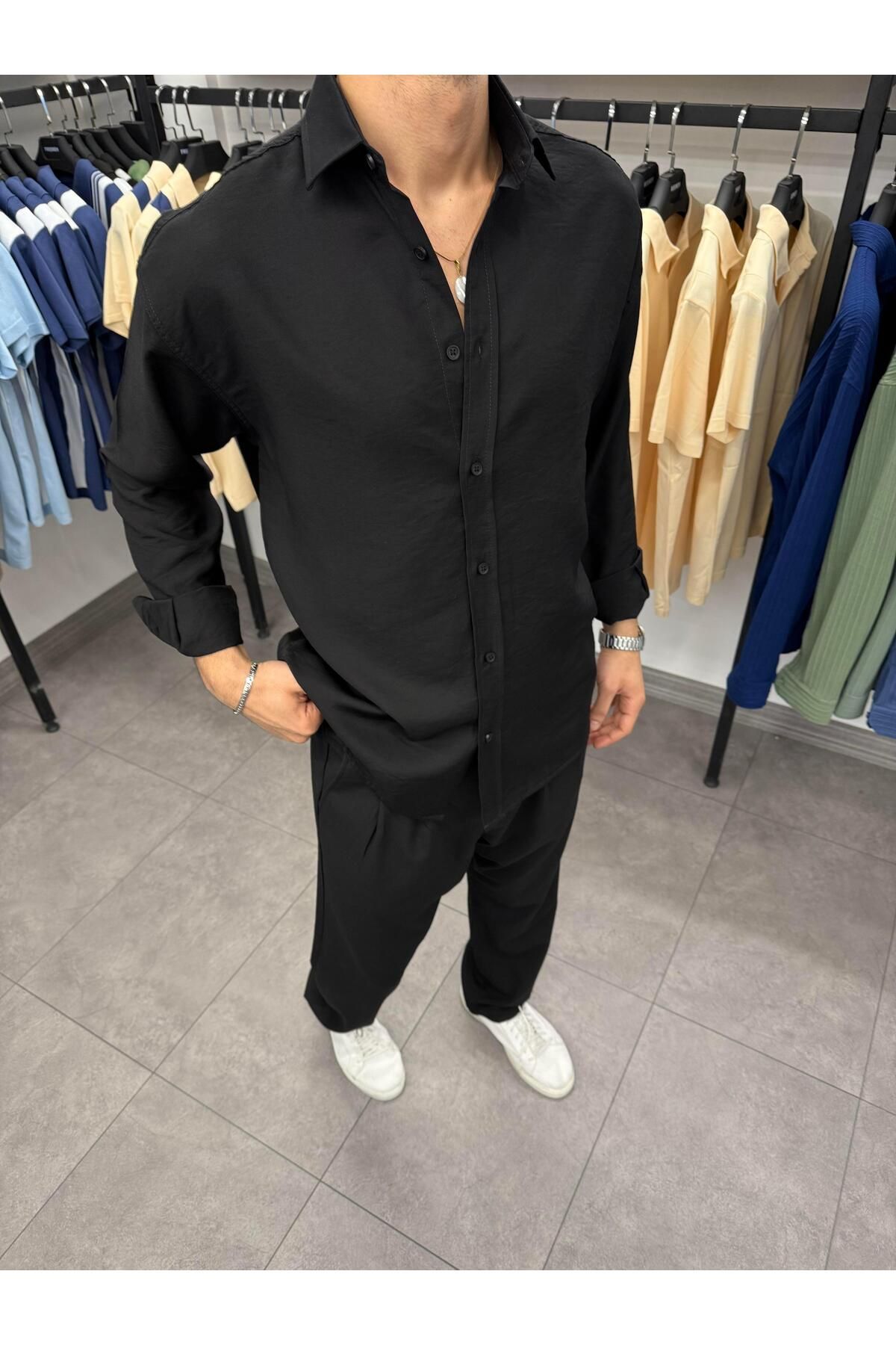 Butik Modal Keten %95 Pamuk Gömlek Siyah