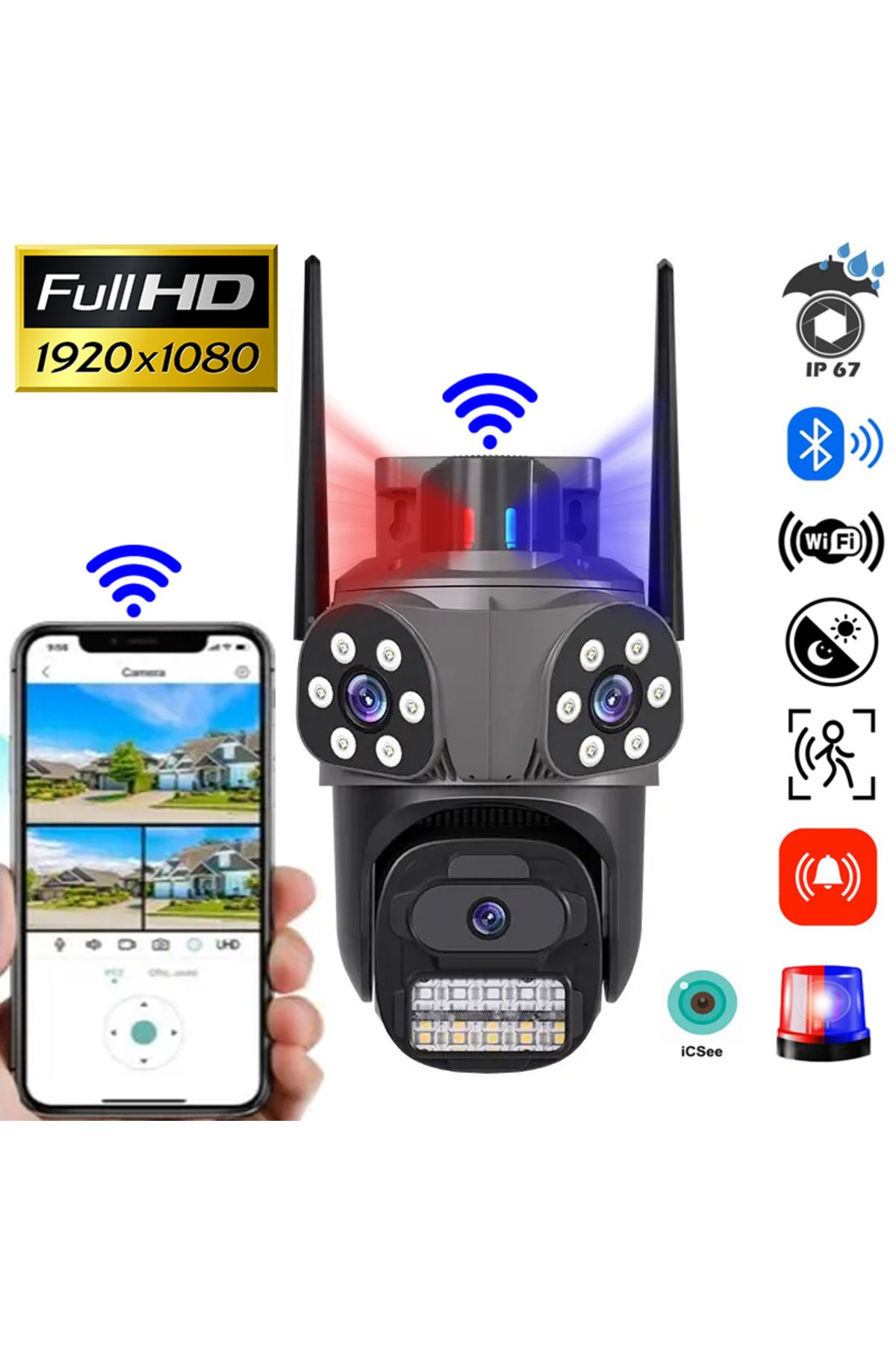 Venas 3 Kameralı FHD Polis Çakarlı Yapay Zekalı insan algılamalı Wifi Dış mekan Güvenlik Kamerası