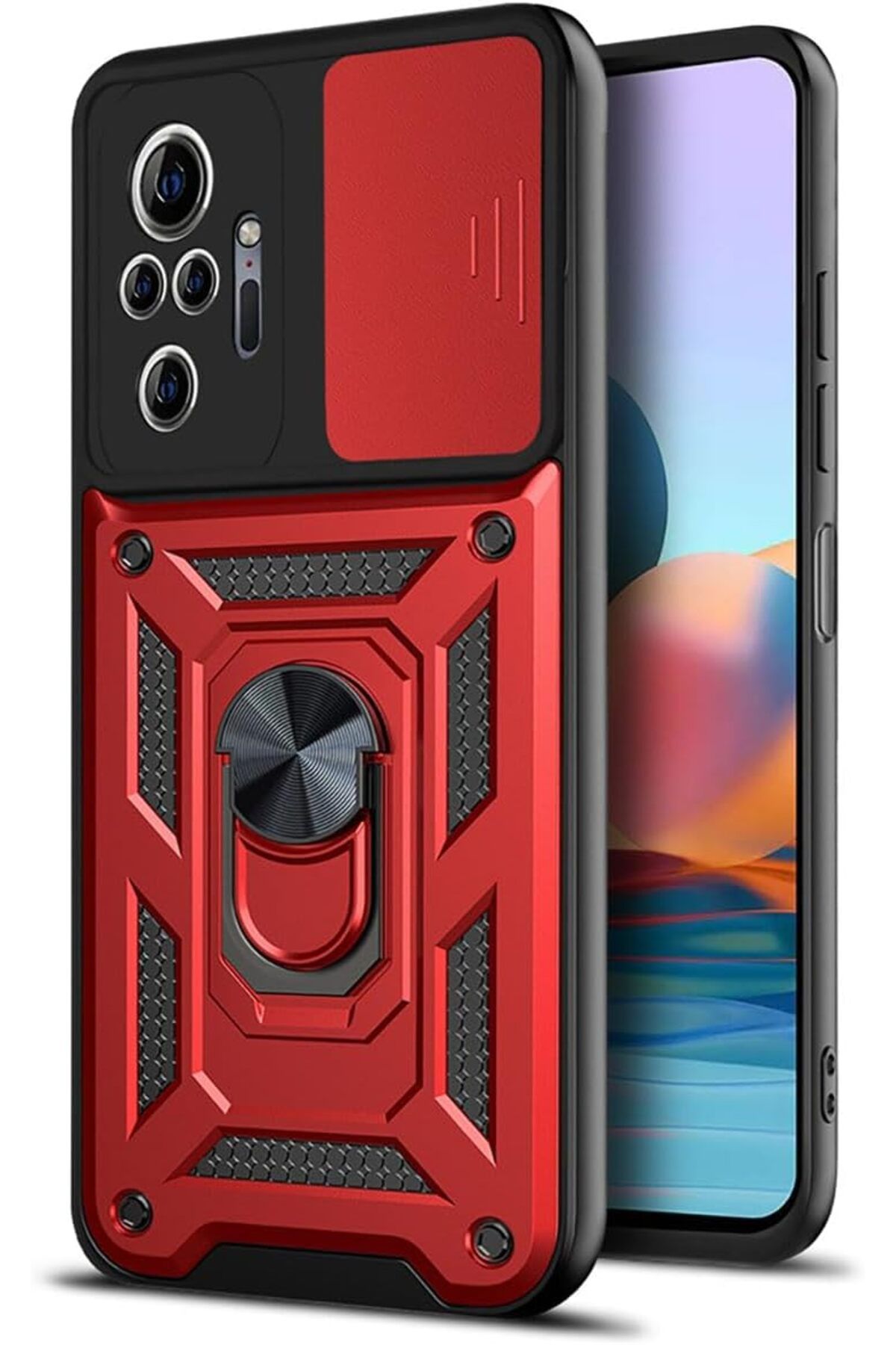 Rivor Xiaomi Redmi Note 10 Pro Kılıf Kamera Sürgülü Standlı Yüzüklü Darbe Emici Zırh Koruyucu Tank Kapak