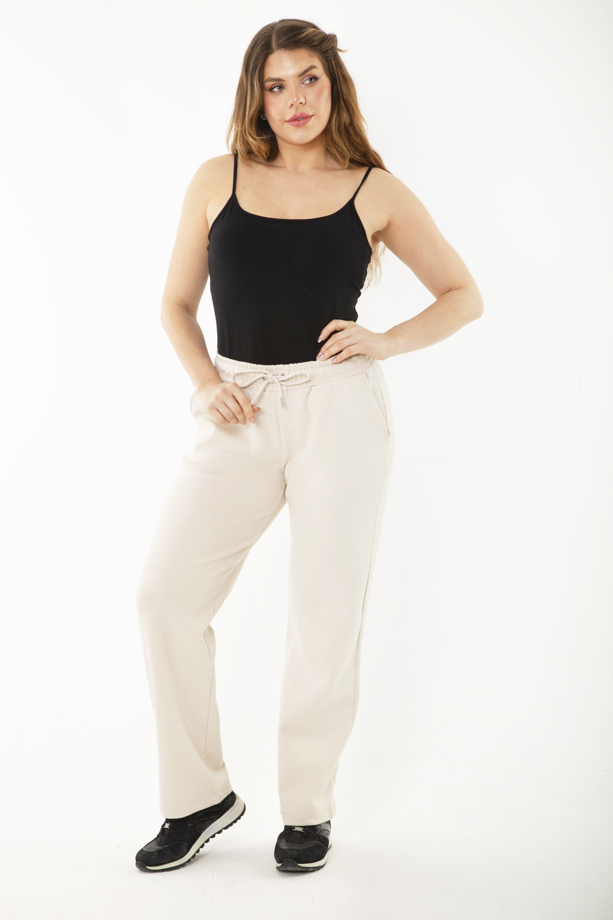 Şans-Damen-Trainingshose, große Größe, beige Taille, Ösenschnürung und elastische Seitentasche, Trainingshose 65n35418 5