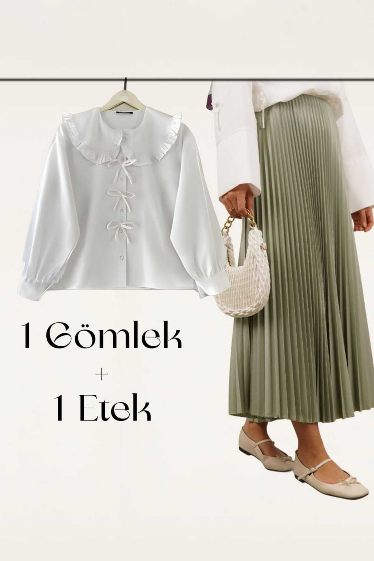 MODA Fiyonk Detay Gömlek Pilise Deri Görünümlü Etek Takım