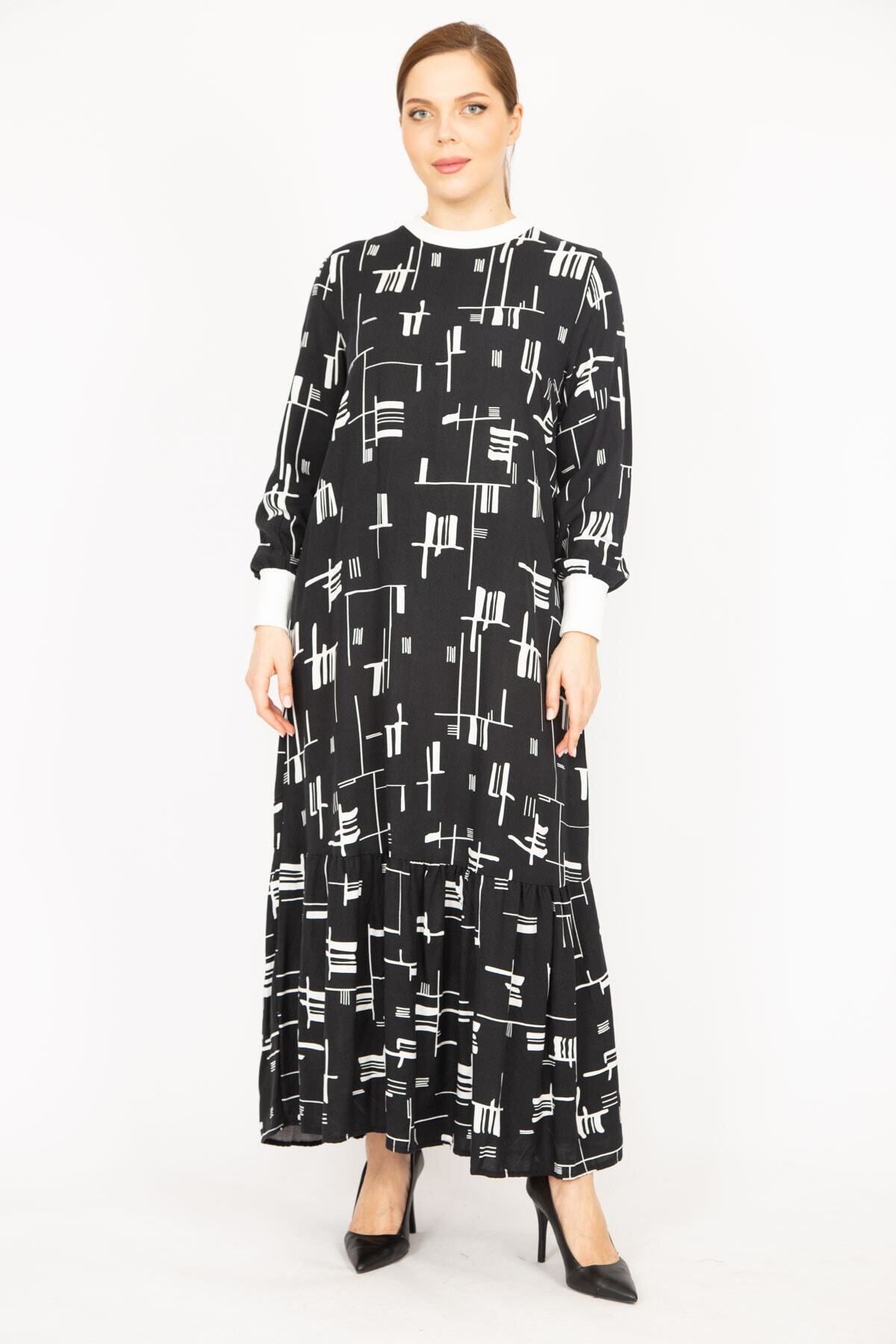 Şans Damska Czarna, Plus Size, Tkana Wiskozowa Sukienka Z Kołnierzykiem I Rękawami, Długa Prążkowana Sukienka 65n35966 Kobieta - 46