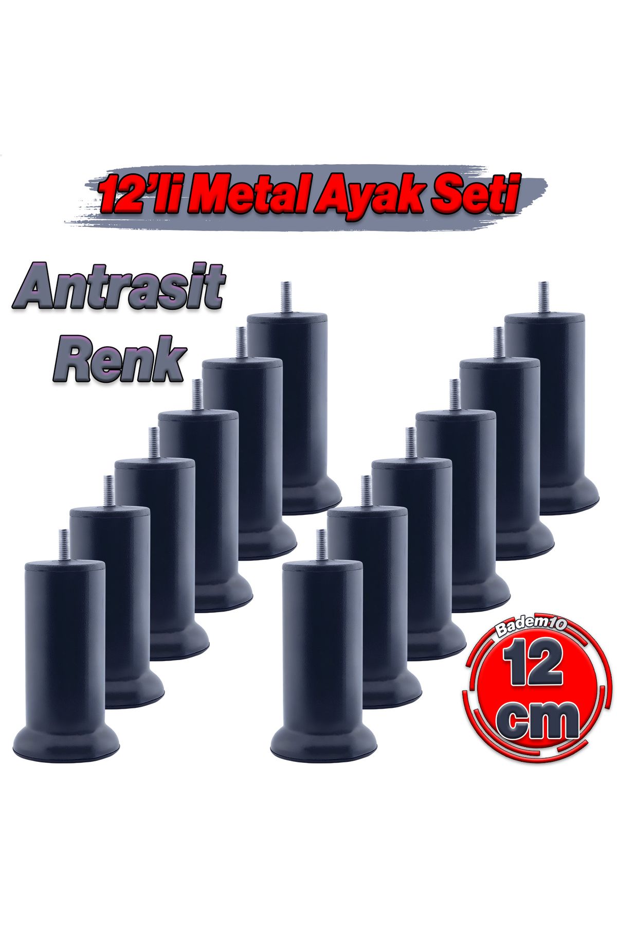Badem10 Mobilya Baza Metal 12 cm M8 Ince Diş 12 Adet Antrasit Ayağı Kanepe Koltuk Çekyat Yükseltme Ayakları