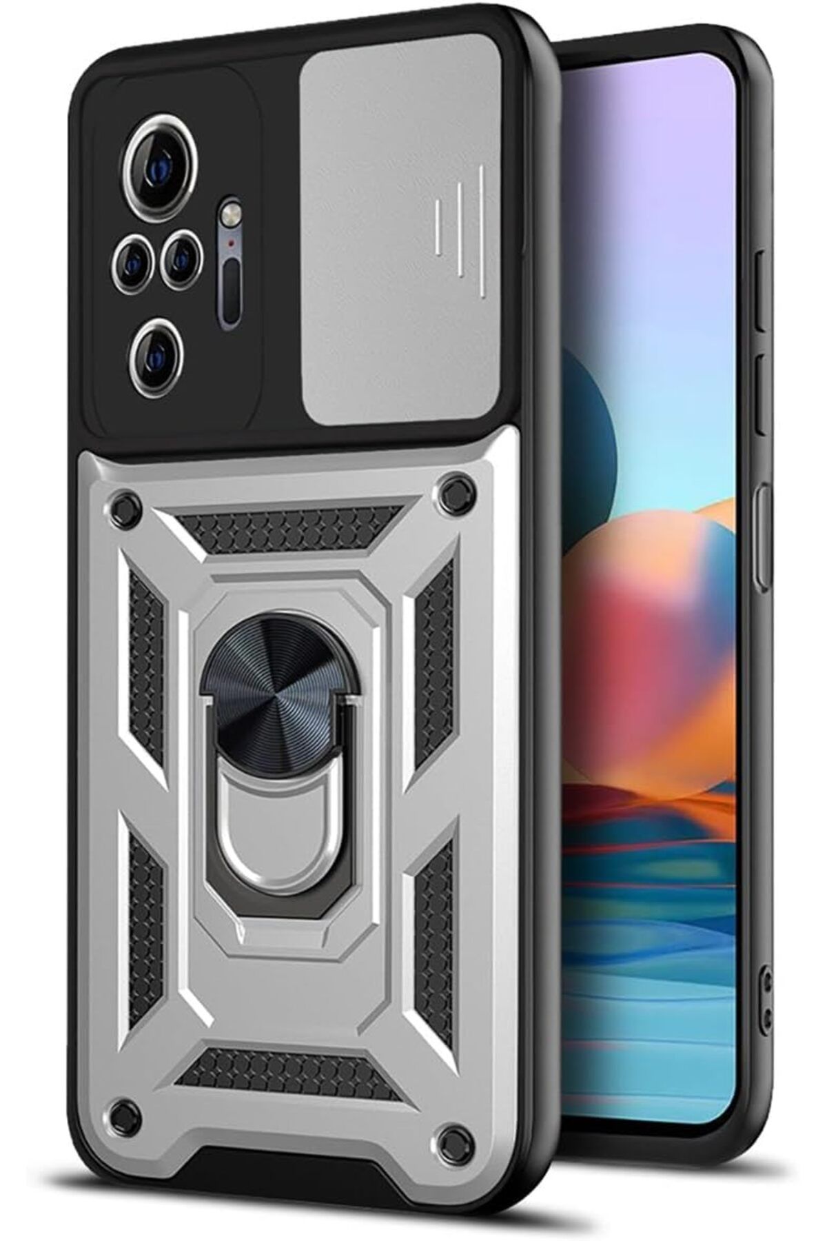 Rivor Xiaomi Redmi Note 10 Pro Kılıf Kamera Sürgülü Standlı Yüzüklü Darbe Emici Zırh Koruyucu Tank Kapak