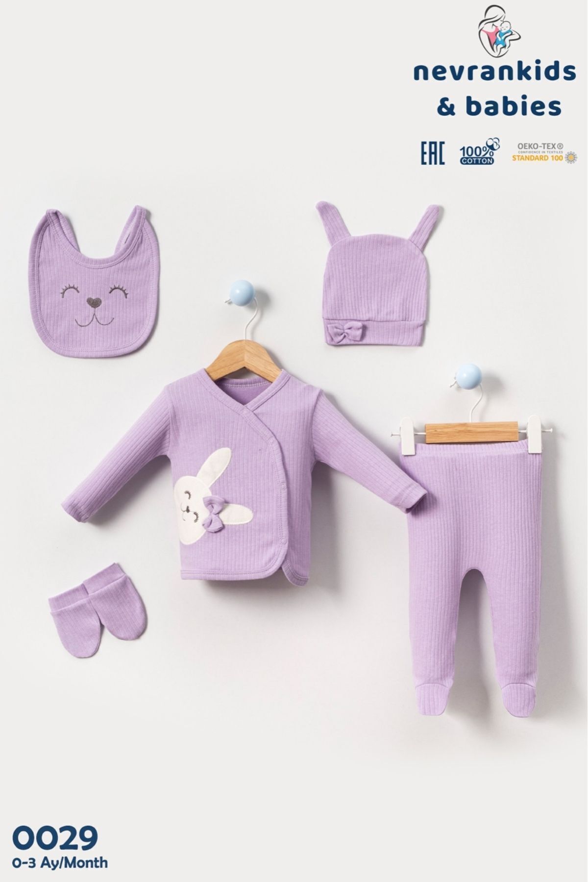 nevrankids Kız Bebek Organik Kumaş Lila 5 Parça Hastane Çıkışı Seti fotoğrafı 2 (önizleme)