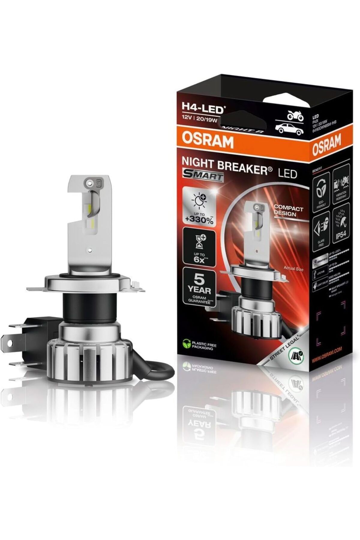 Osram H4 Night Breaker LED Smart, 6000K,%330 Daha Fazla Işık, 12V/20W, 5 Yıl Garantili 1 ADET