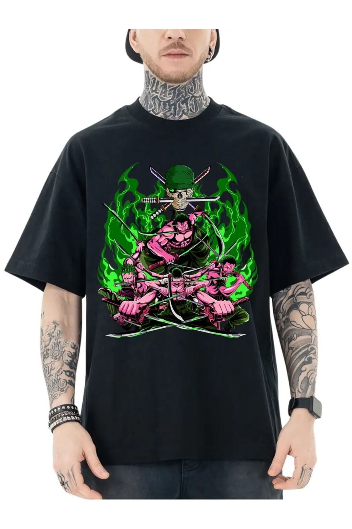 LAND MODA Erkekler için Japon Anime Desenli Tişört - Retro Tarz Yumuşak Nefes Alabilen Pamuklu Yeşil ve Pembe