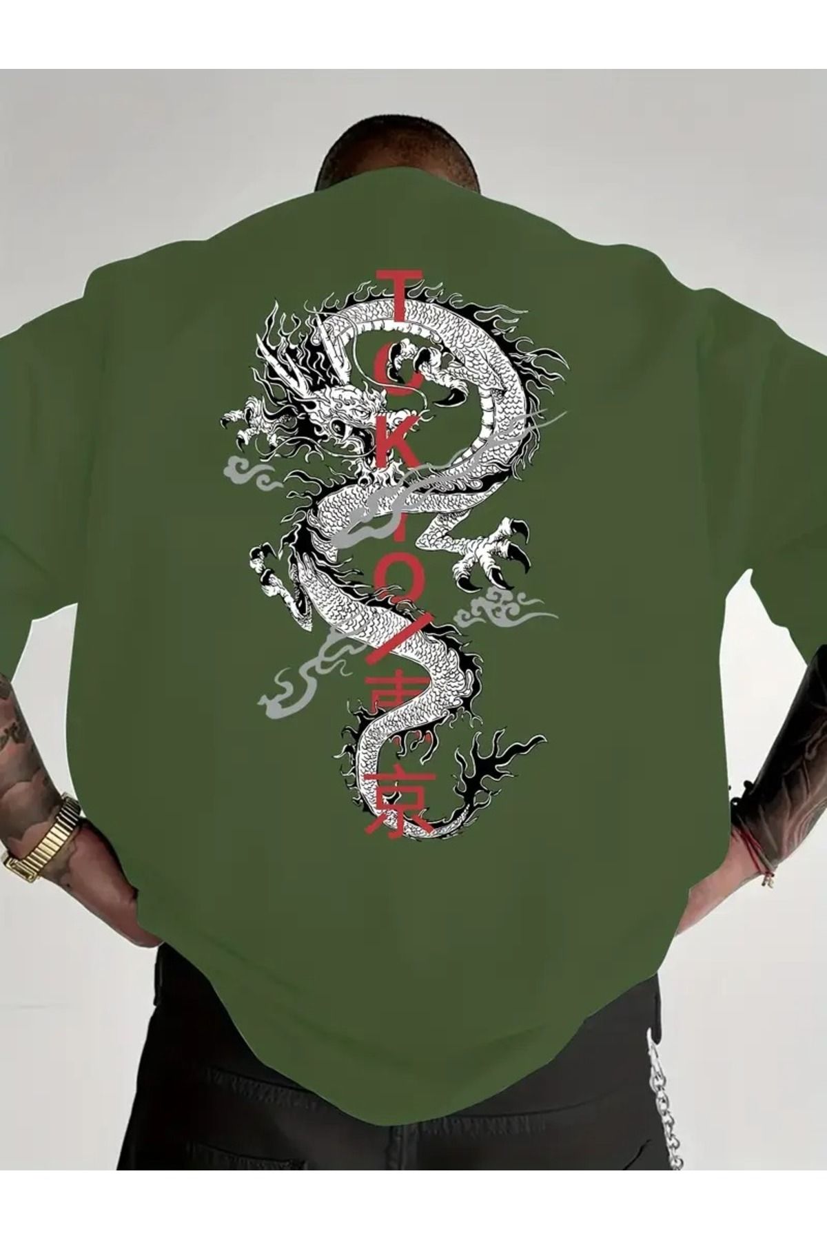 LAND MODA Erkekler için Japon Anime Ejderha Desenli Rahat Bol Kesim Kısa Kollu T-Shirt - %100