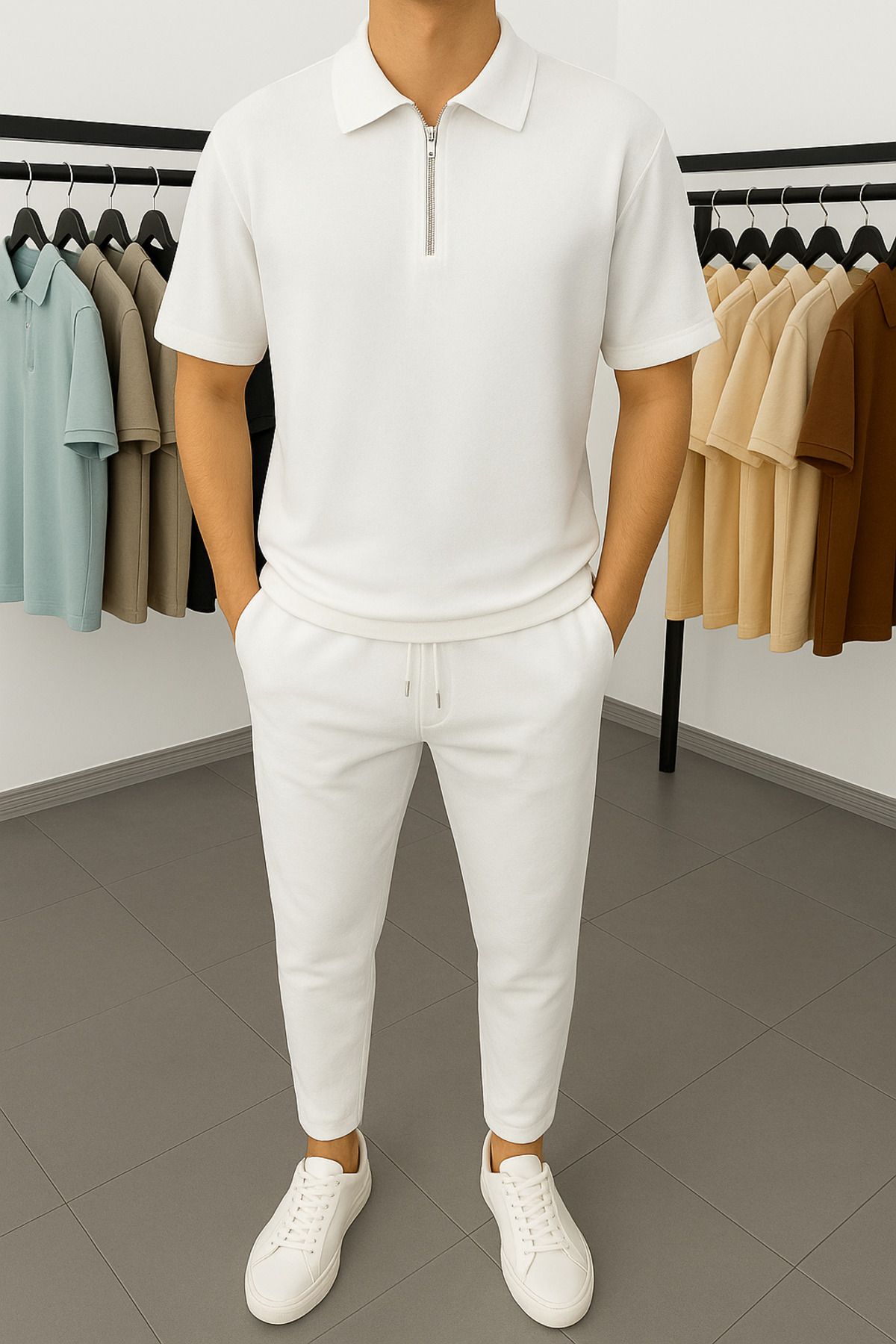 Butik Krep Kumaş Likralı Yarım Fermuar Polo Yaka Takım Beyaz