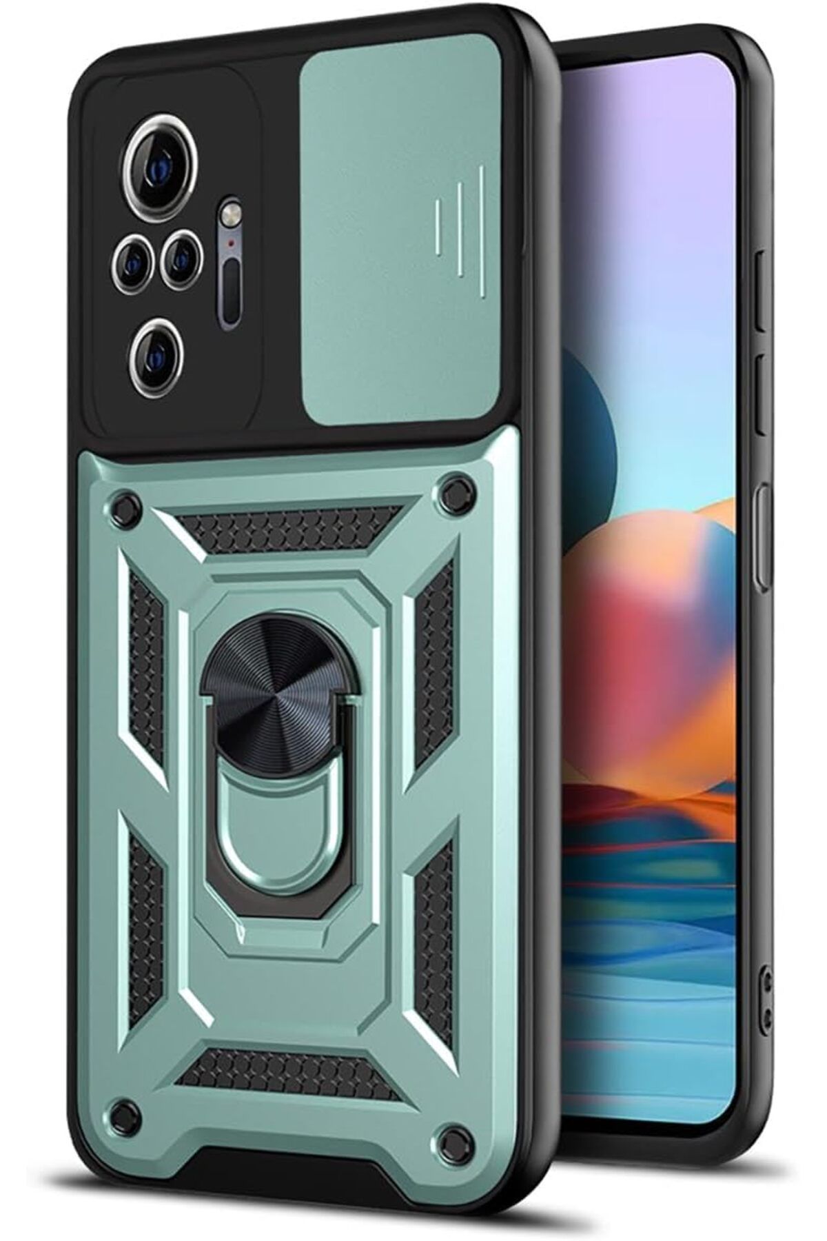 Rivor Xiaomi Redmi Note 10 Pro Kılıf Kamera Sürgülü Standlı Yüzüklü Darbe Emici Zırh Koruyucu Tank Kapak