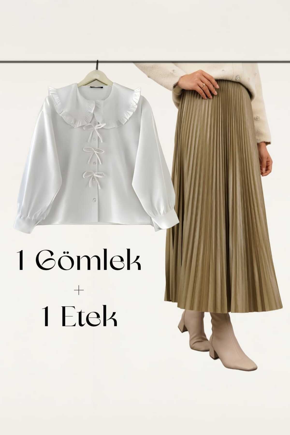 MODA Fiyonk Detay Gömlek Pilise Deri Görünümlü Etek Takım