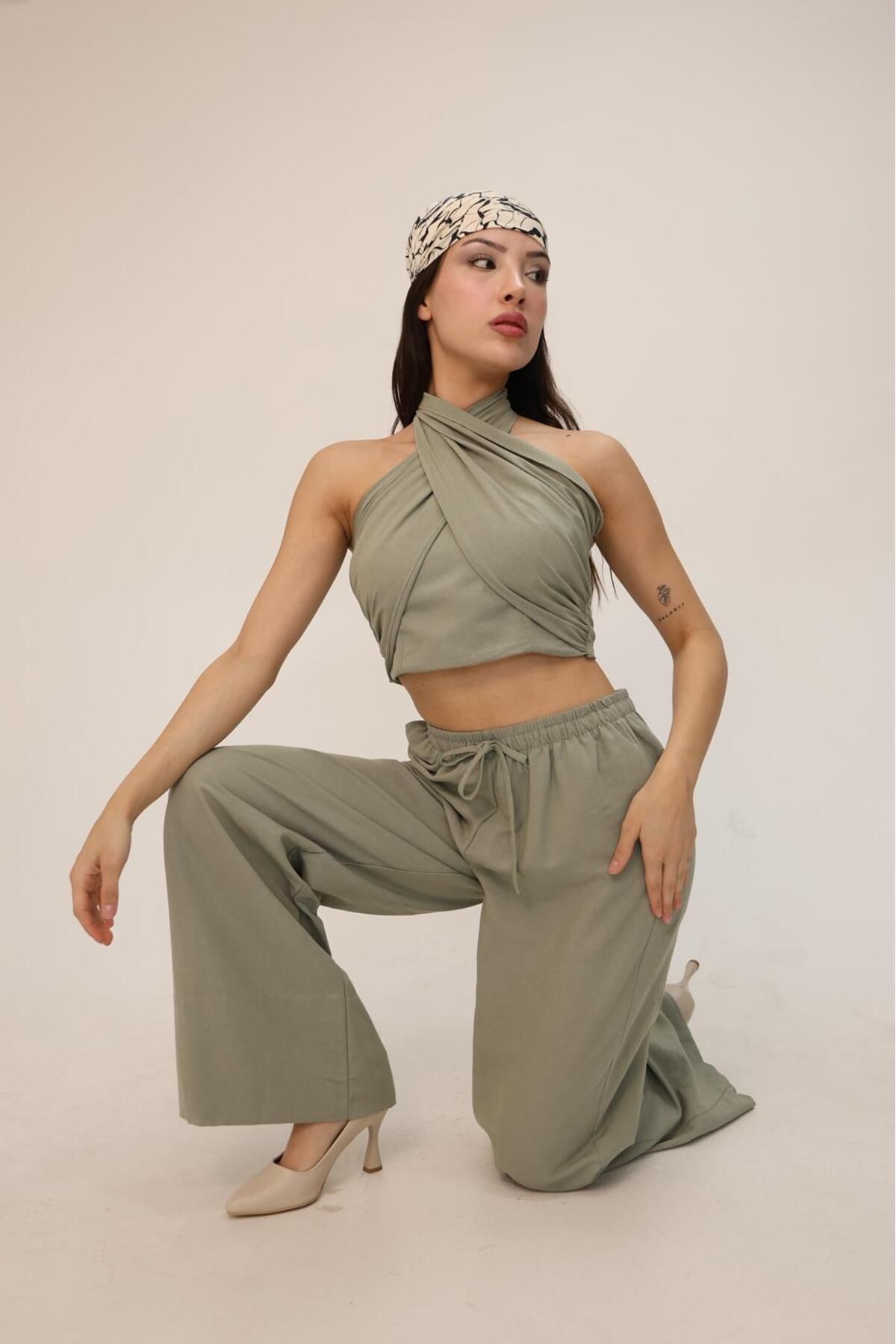 YONEZ MODA Kadın Rahat Kalıp Keten Takım Boyundan Bağlama Detaylı Crop Pantolon