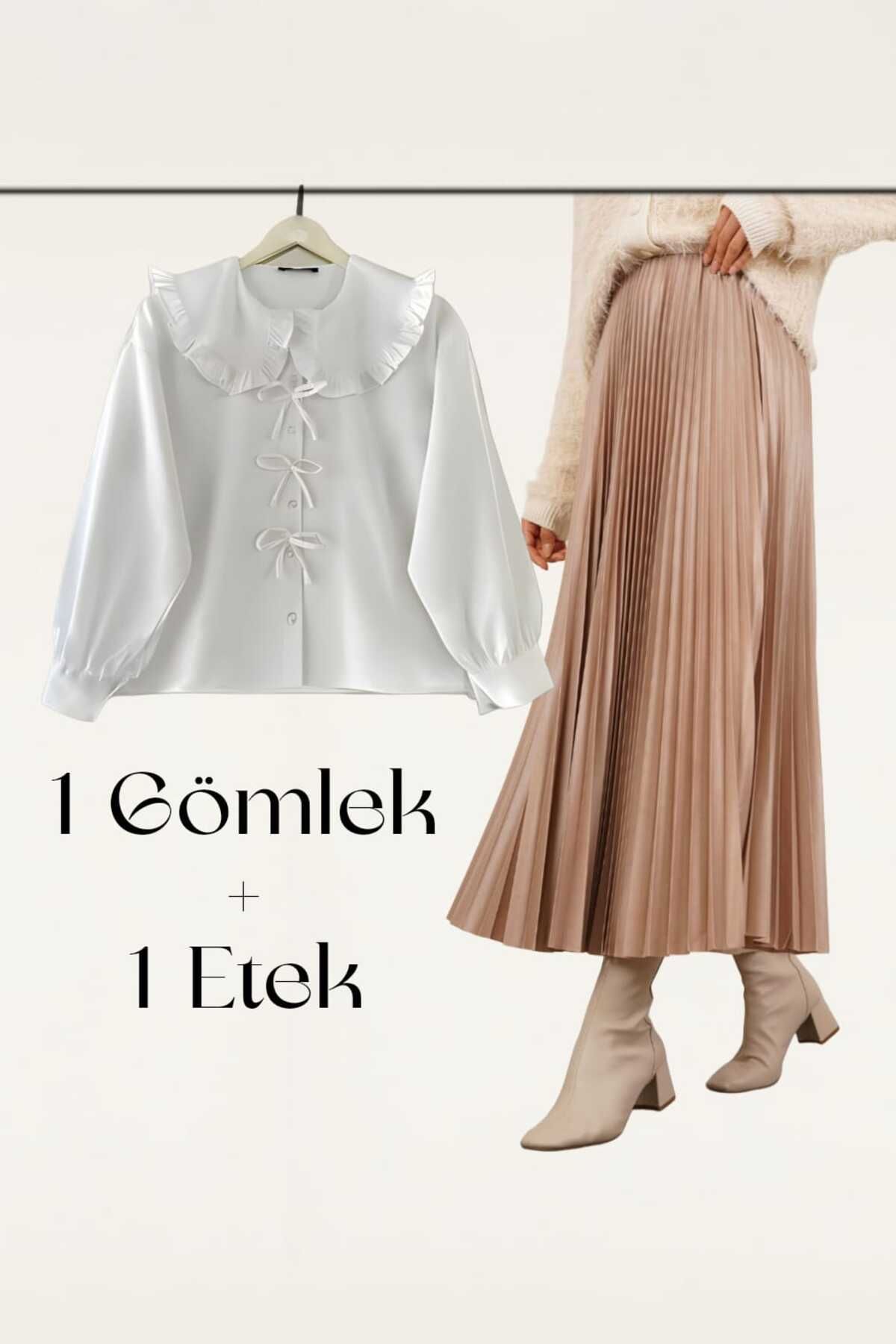 MODA Fiyonk Detay Gömlek Pilise Deri Görünümlü Etek Takım