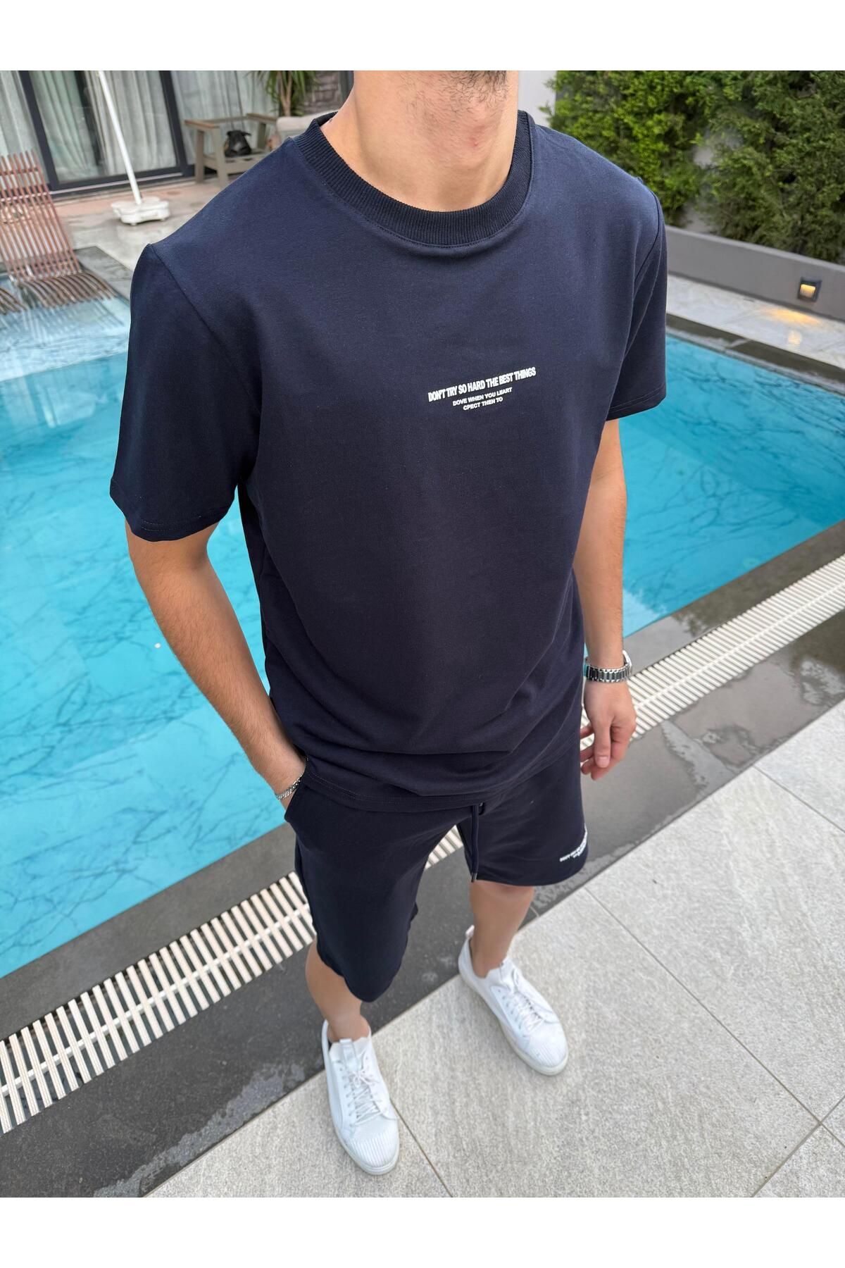 Butik Pamuklu Enjeksiyon Baskılı Şort Takımı Lacivert