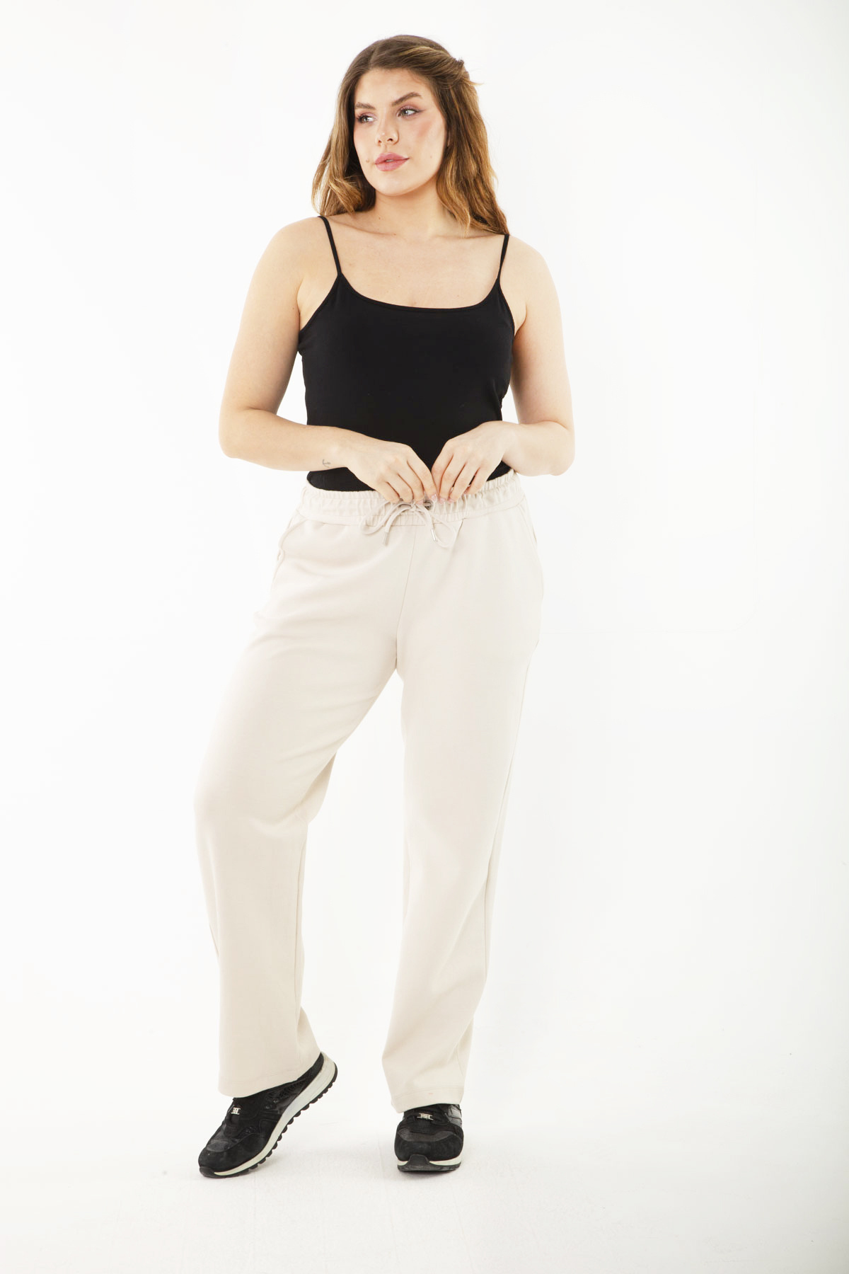 Şans-Damen-Trainingshose, große Größe, beige Taille, Ösenschnürung und elastische Seitentasche, Trainingshose 65n35418 7