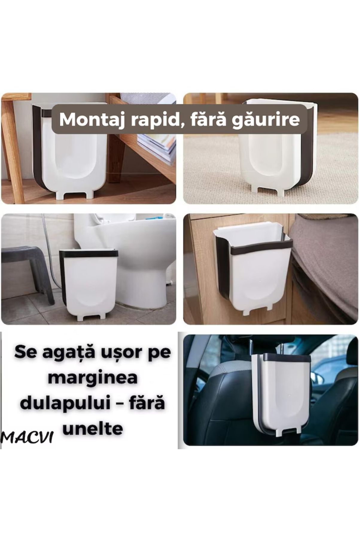 MACVI-Macvi® foldable waste bin 30x25 cm black and white, hanging on the cabinet, for kitchen, assembly without drilling 5