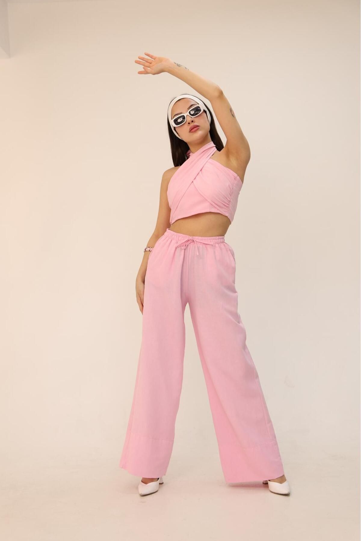 YONEZ MODA Kadın Rahat Kalıp Keten Takım Boyundan Bağlama Detaylı Crop Pantolon