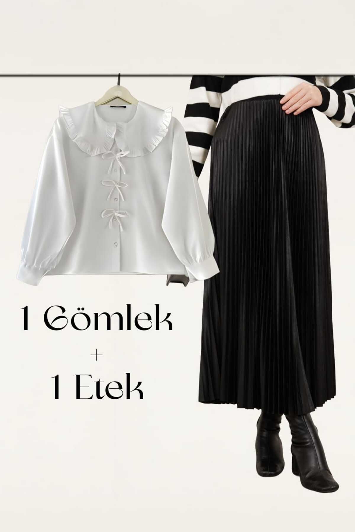 MODA Fiyonk Detay Gömlek Pilise Deri Görünümlü Etek Takım