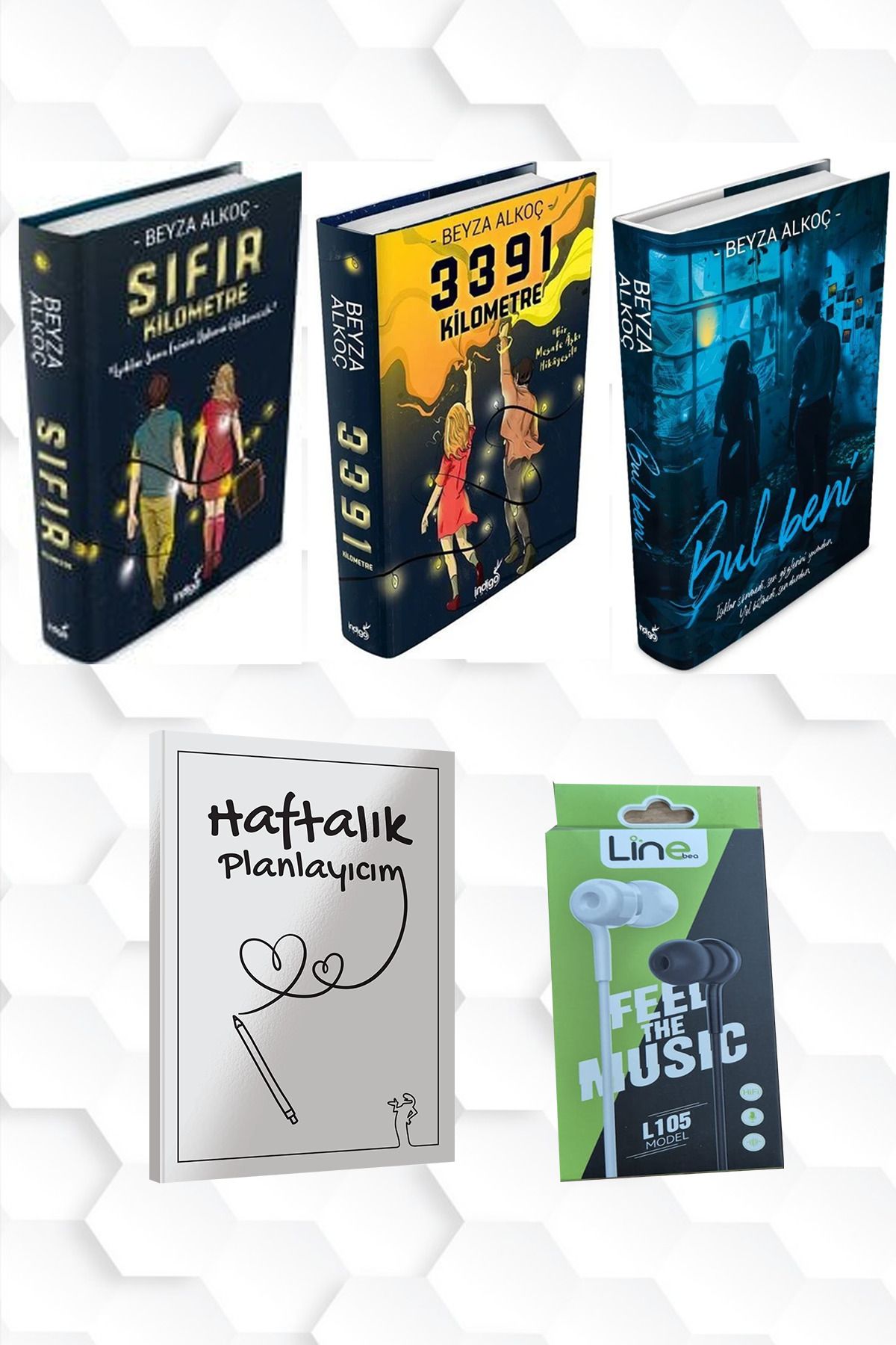 İndigo Kitap CİLTLİ-BEYZA ALKOÇ-SIFIR KİLOMETRE-3391 KİLOMETRE-BUL BENİ+HAFTALIK PLANLAYICIM (52 HAFTA) KULAKLIK