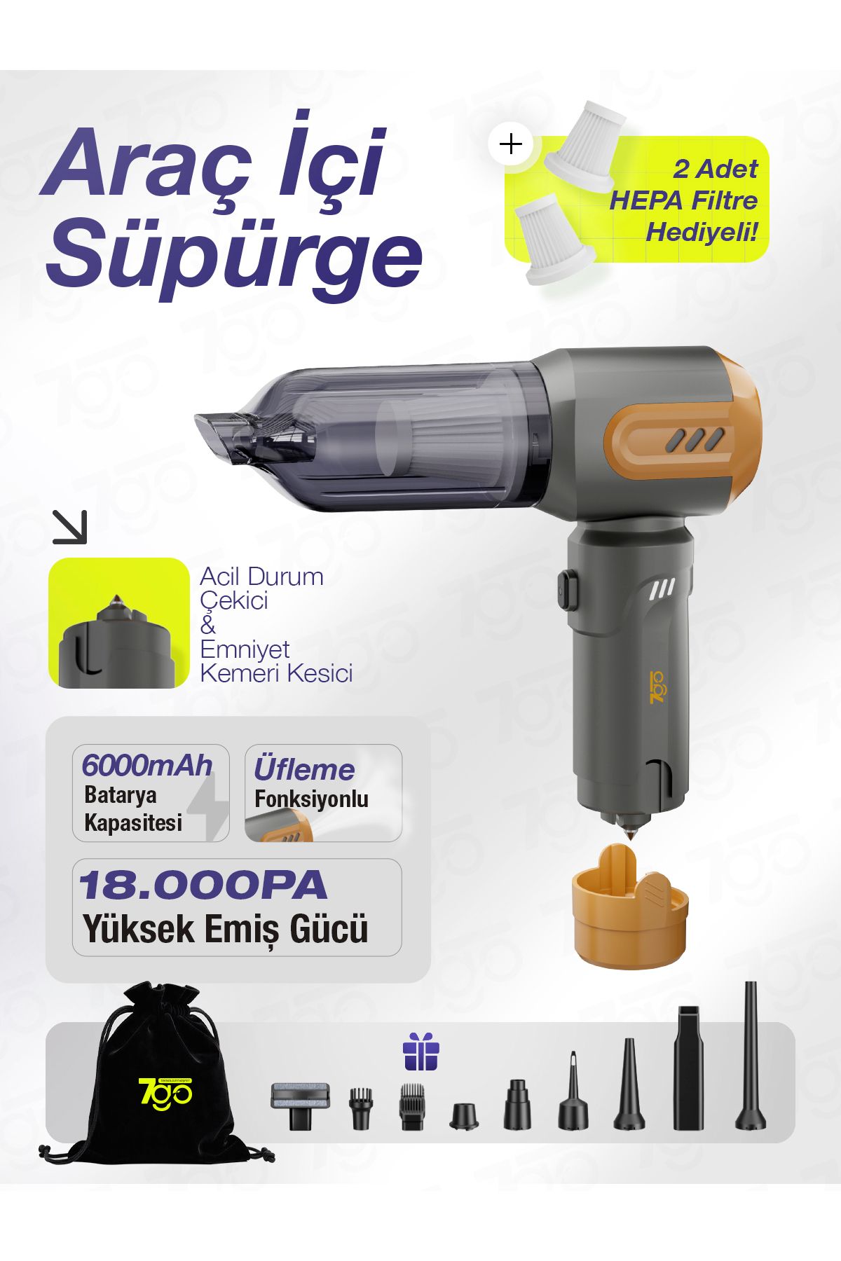 7GO Ahv-14 2'si 1 Arada Kablosuz Araç Içi Süpürge Turuncu | 18000pa Güçlü Vakum Üfleme | Cam Kırıc