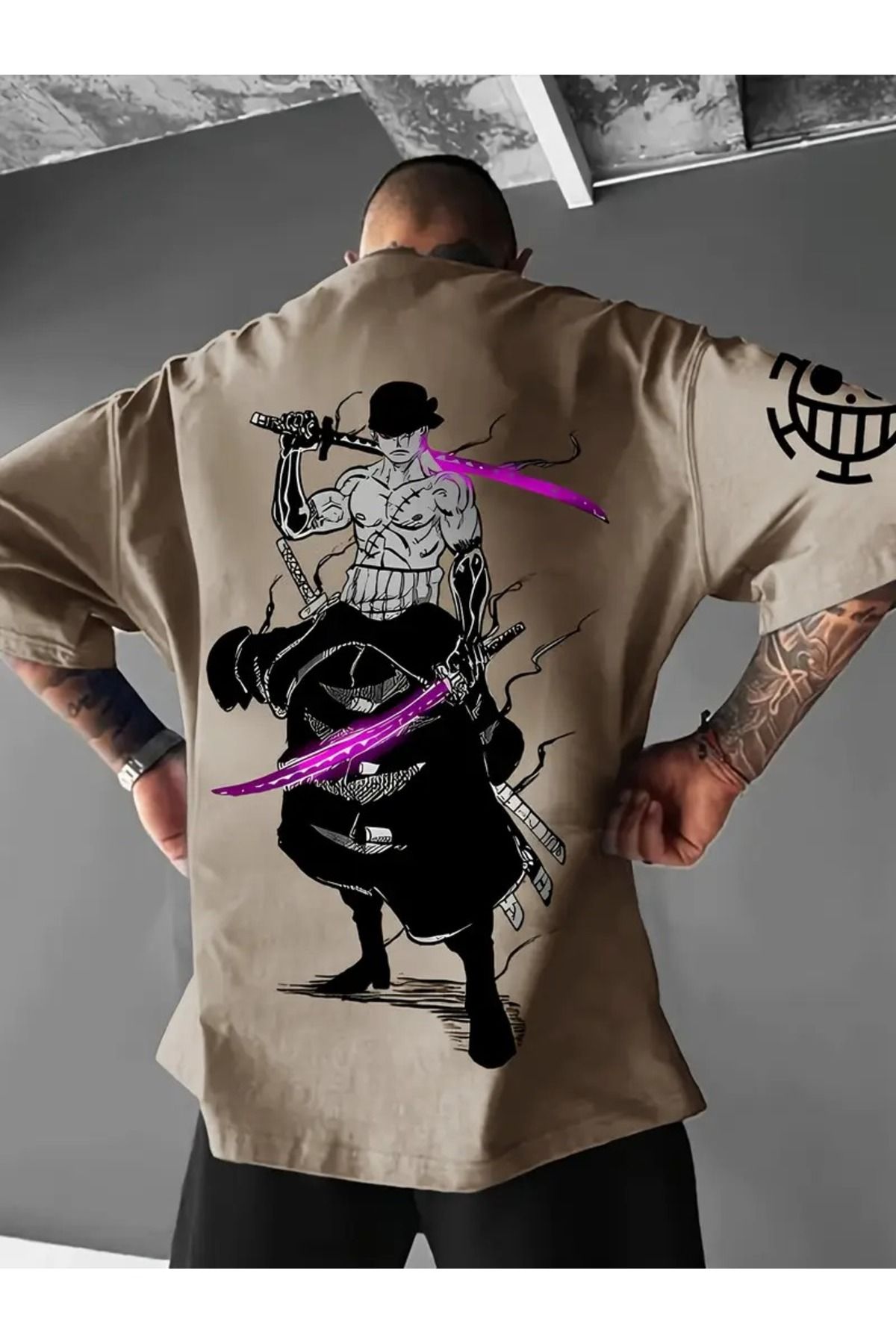 LAND MODA Erkekler İçin Anime Desenli Tişört - Mor Kılıç Savaşçısı Arka Baskılı, Yumuşak Nefes Alabilen